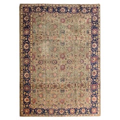 Large Antique Rug Floral Handwoven Oriental Olive Green Wool Area Carpet