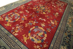 Large Antique Rug Handmade Carpet Chinese Art Deco Red Wool Area Rug