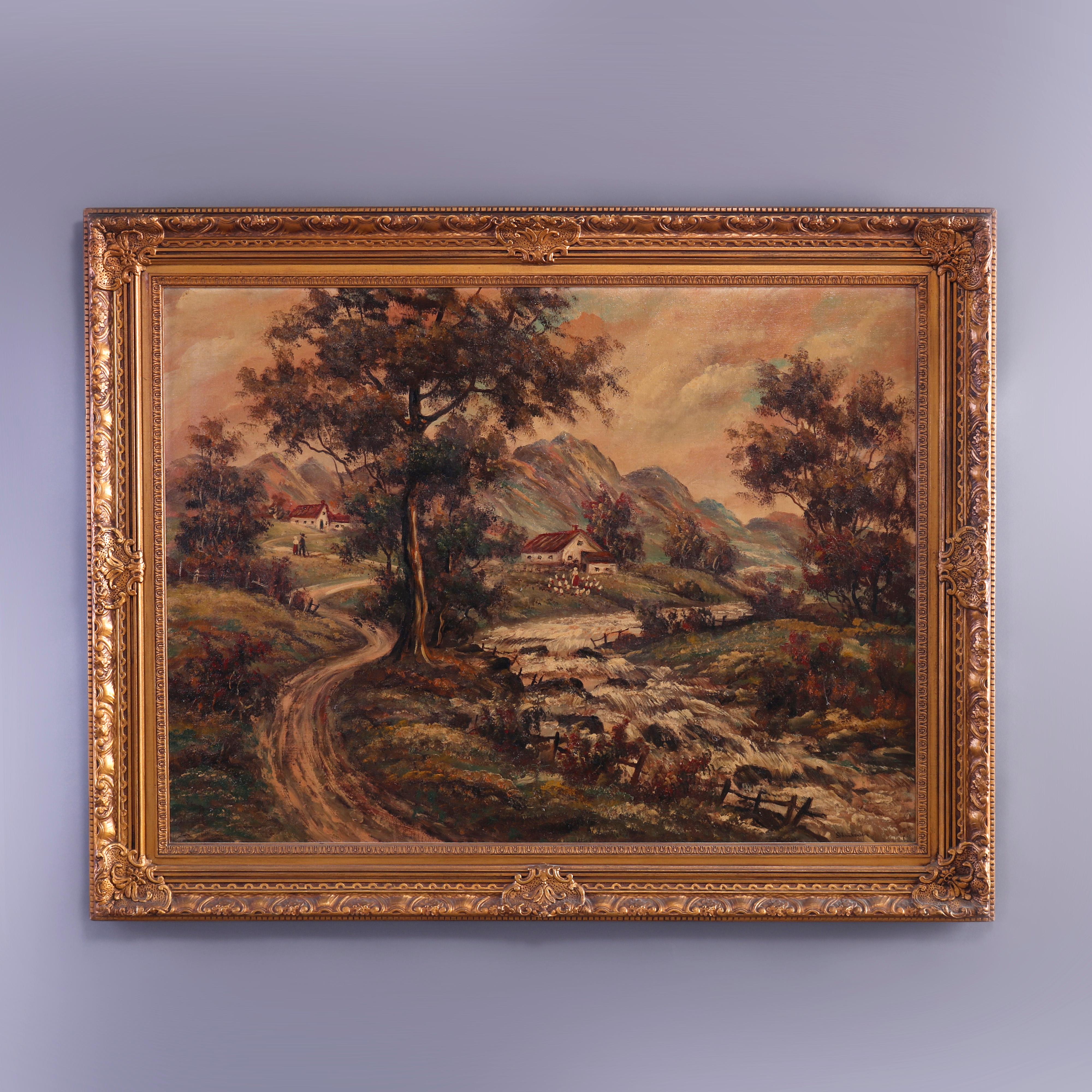 An oversized antique painting offers pastoral landscape scene with village, country road, figures and mountainous background, seated in giltwood frame, c1930

Measures - overall 37.75''H x 47.5''W x 2''D.
  