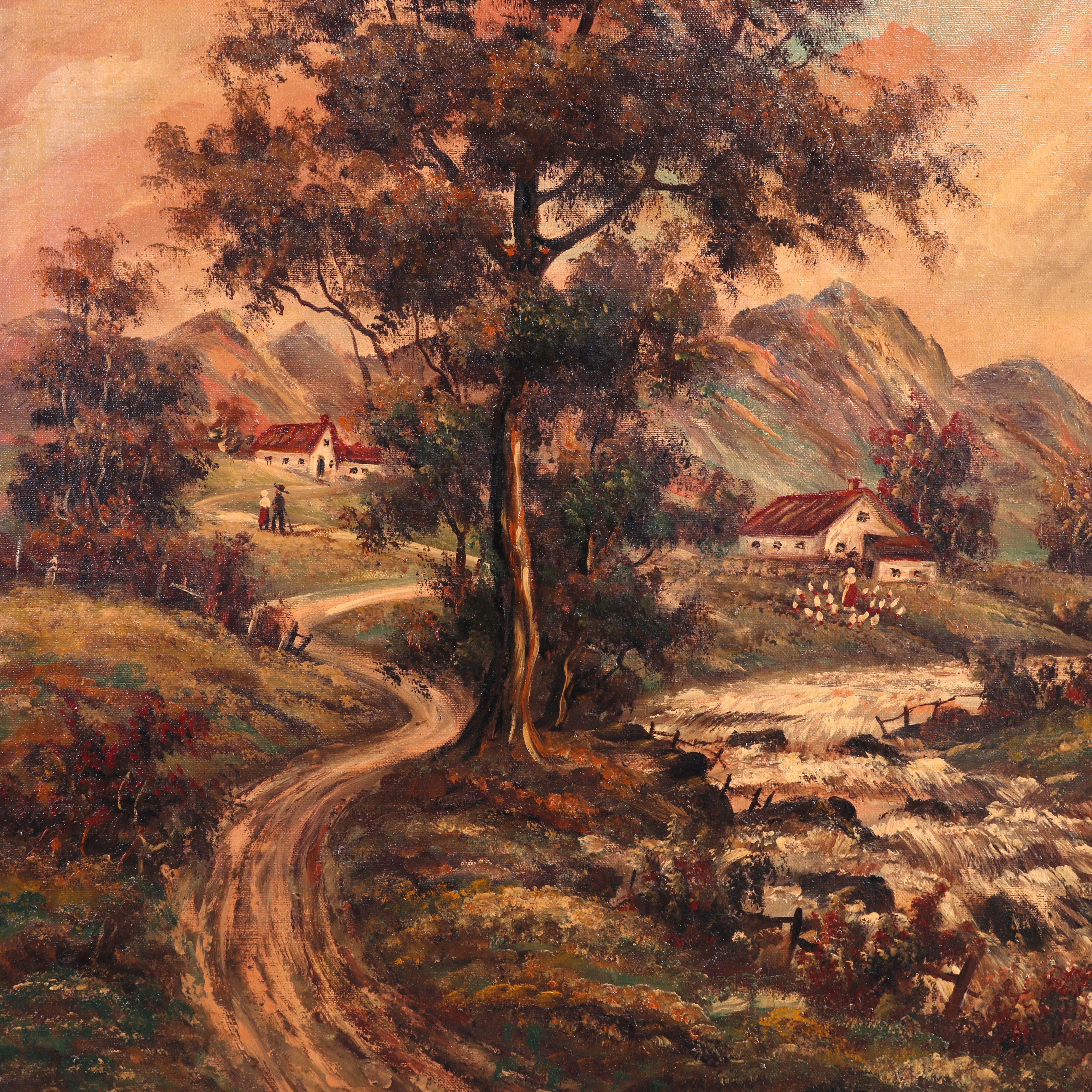 Large Antique Rural Pastoral Landscape Oil Painting O/C, Circa 1930 In Good Condition In Big Flats, NY