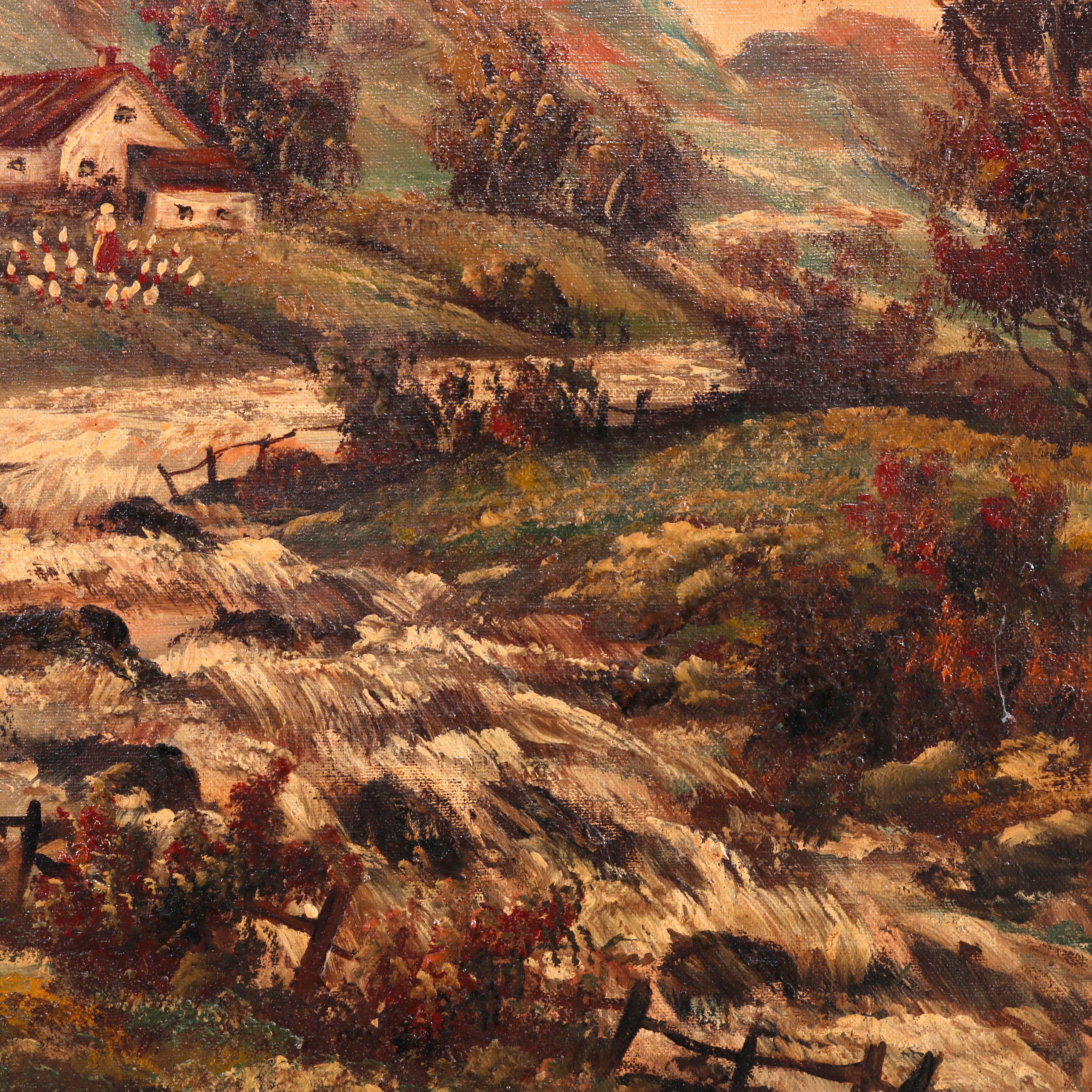 20th Century Large Antique Rural Pastoral Landscape Oil Painting O/C, Circa 1930