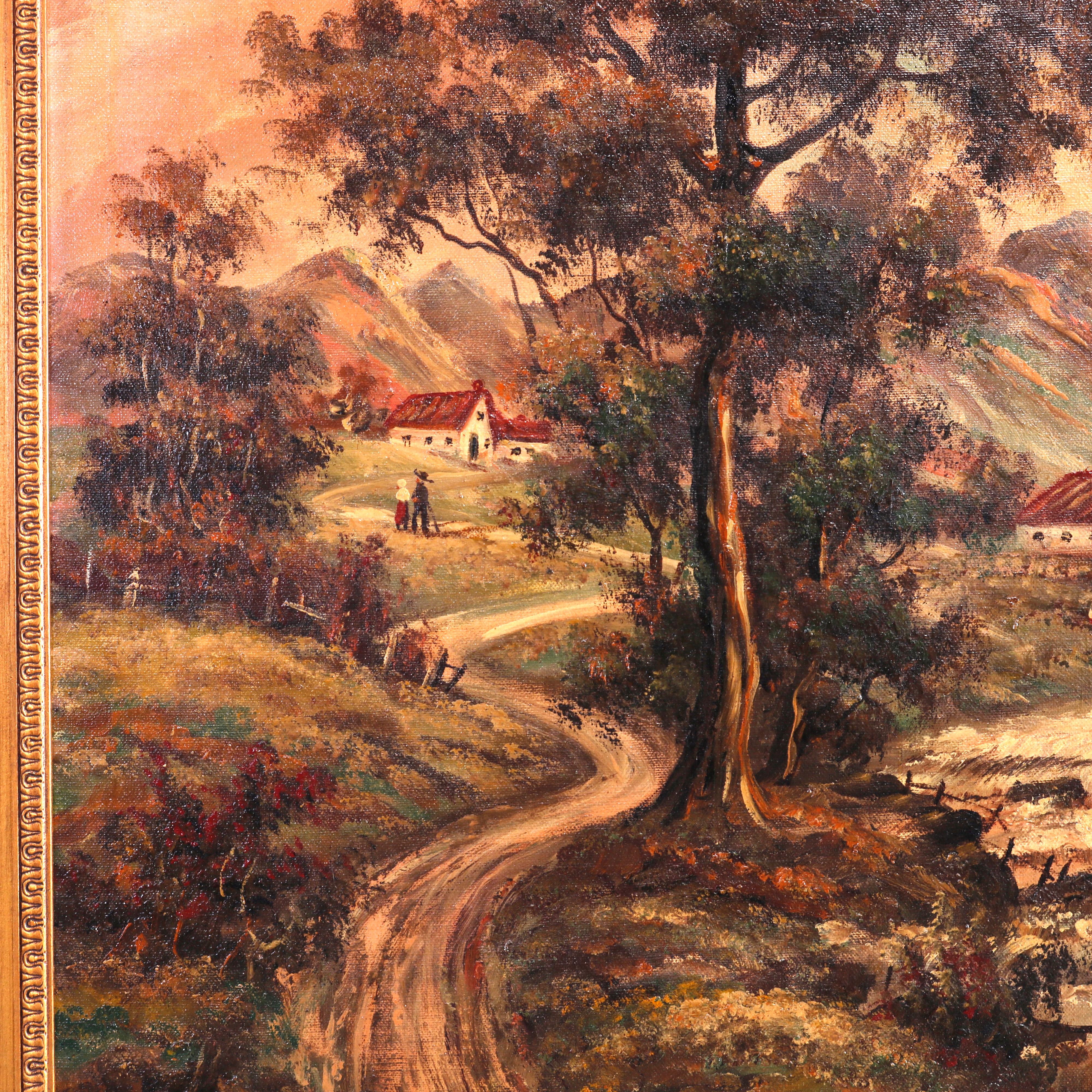 Large Antique Rural Pastoral Landscape Oil Painting O/C, Circa 1930 1