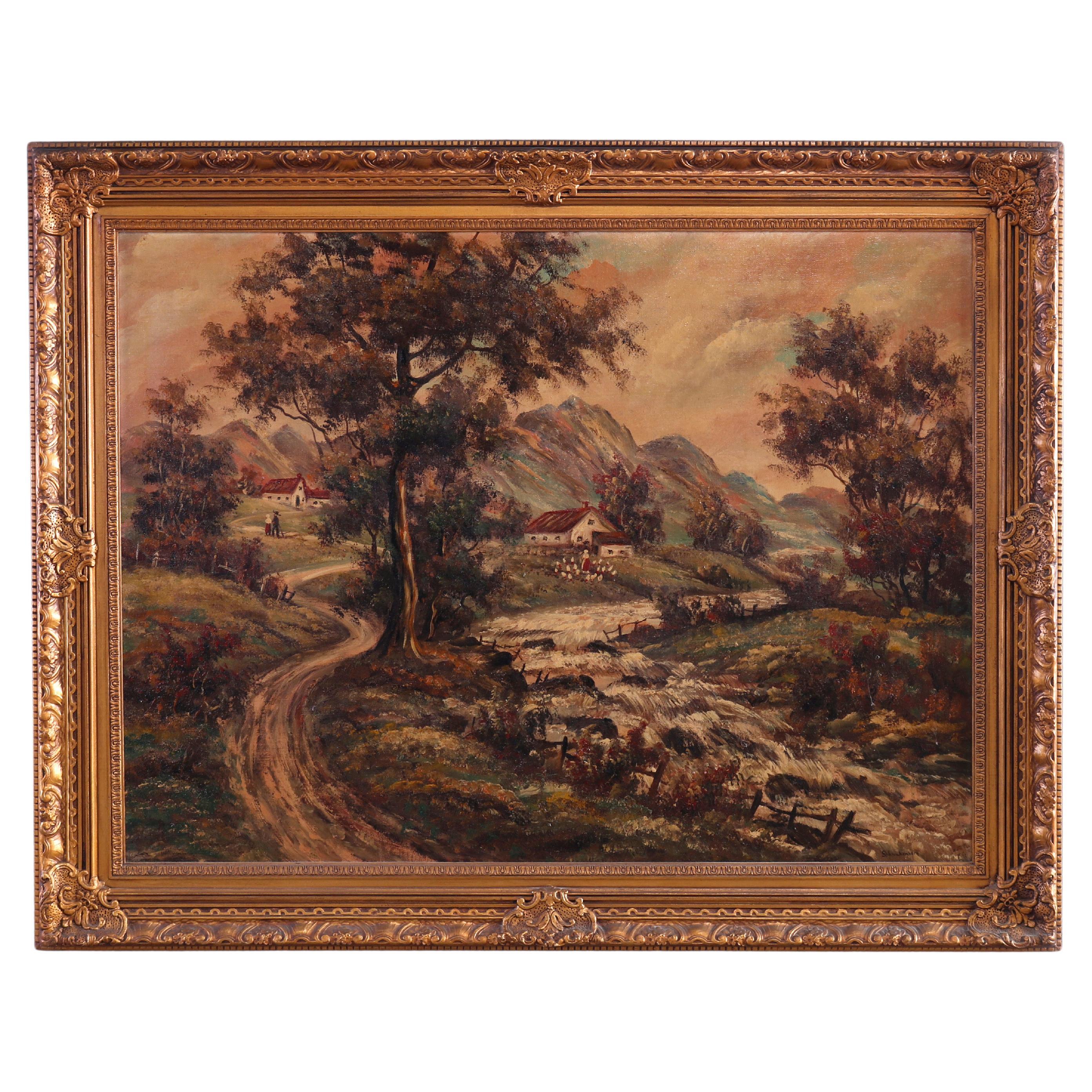 Large Antique Rural Pastoral Landscape Oil Painting O/C, Circa 1930