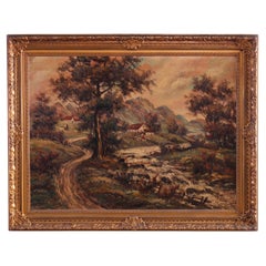 Large Antique Rural Pastoral Landscape Oil Painting O/C, Circa 1930