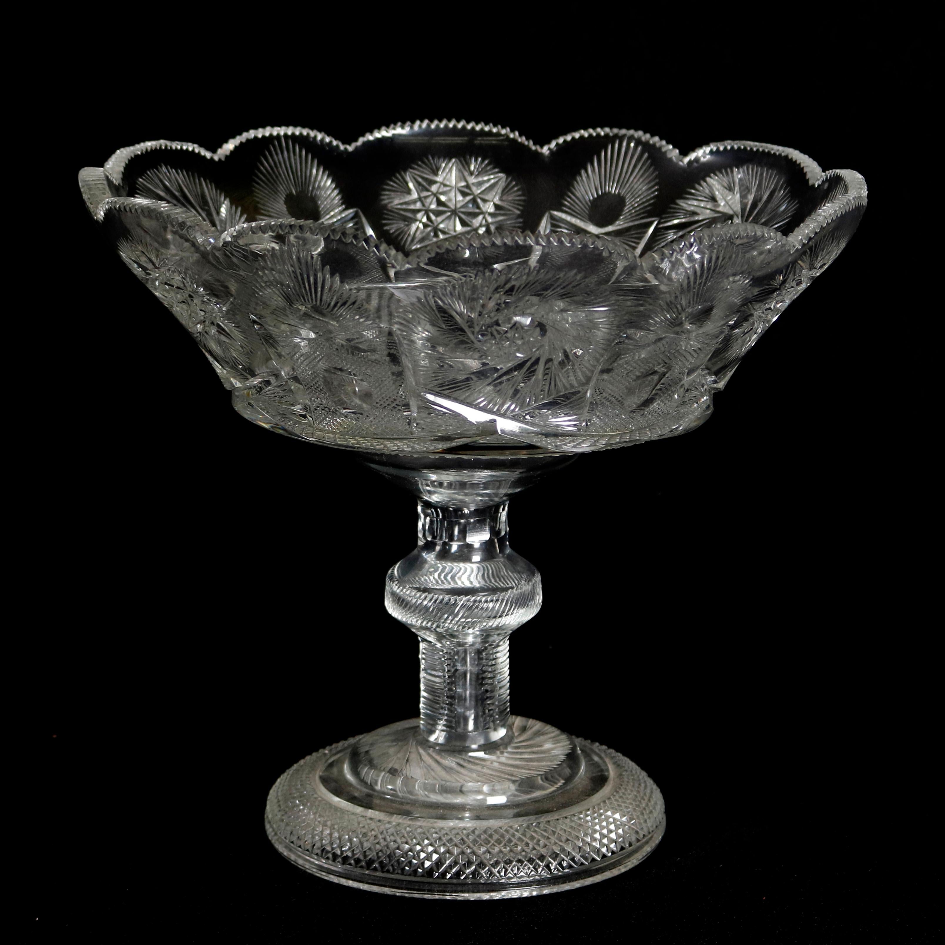 Large Antique Russian Cut Glass Star and Pinwheel Signed Center Bowl Compote 1