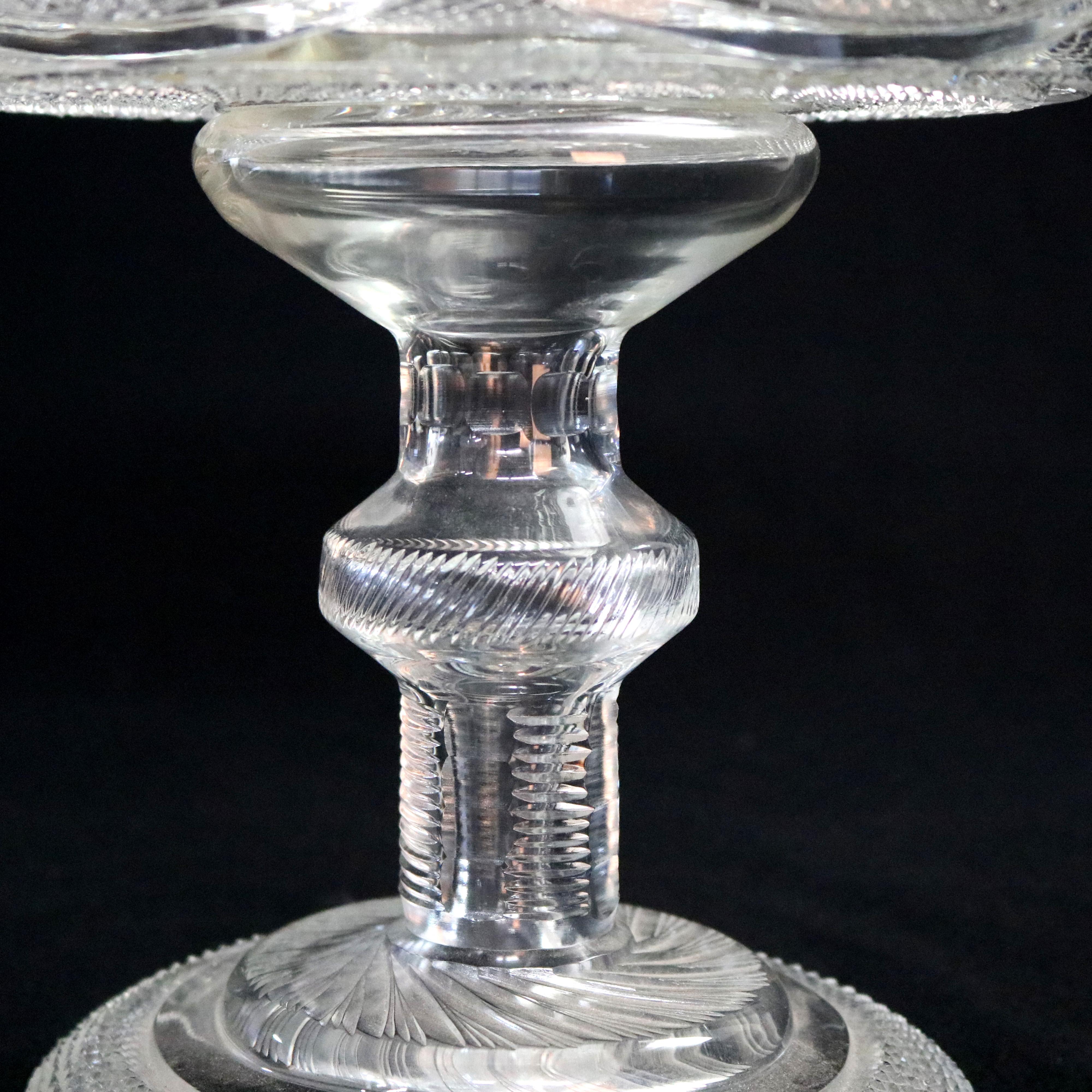Large Antique Russian Cut Glass Star and Pinwheel Signed Center Bowl Compote In Good Condition In Big Flats, NY