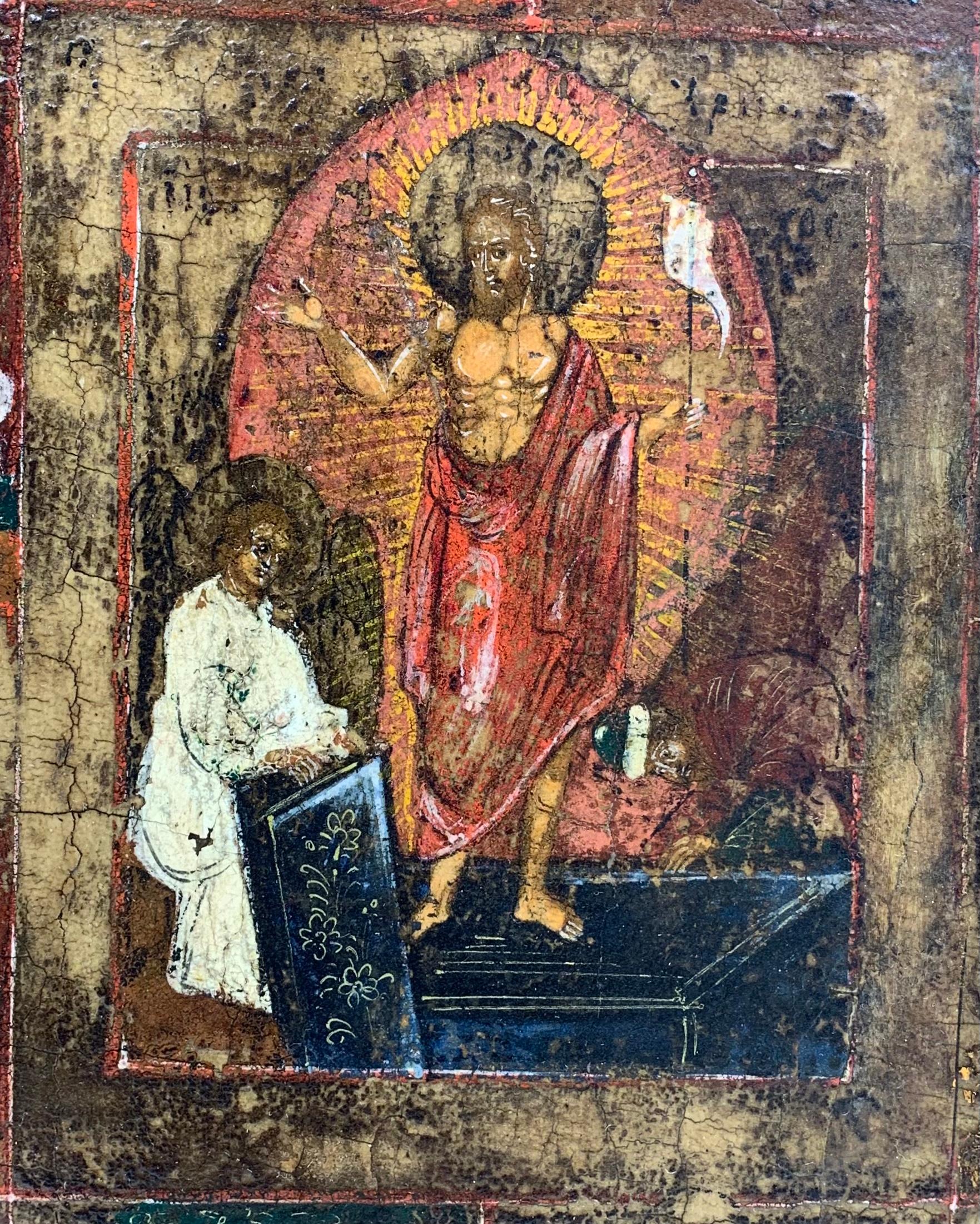 Large antique late 18th century- early 19th century Russian icon of the Resurrection with Great Feasts. Original condition with beautiful age-old patina. The central area depicting the Resurrection of Christ, the great Christian celebration of