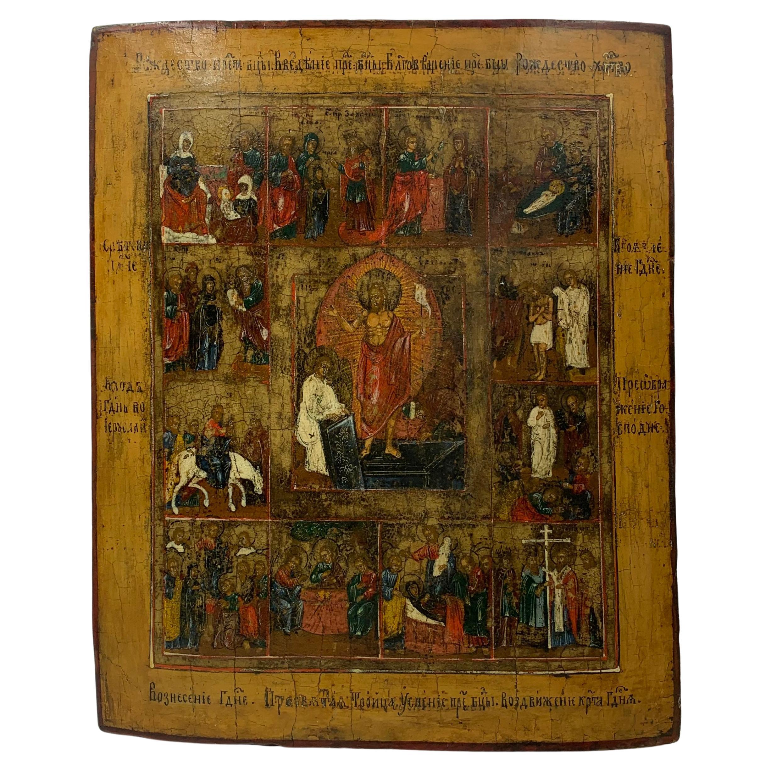 Large Antique Russian Icon Resurrection and Great Feast Days, 18th-19th Century For Sale