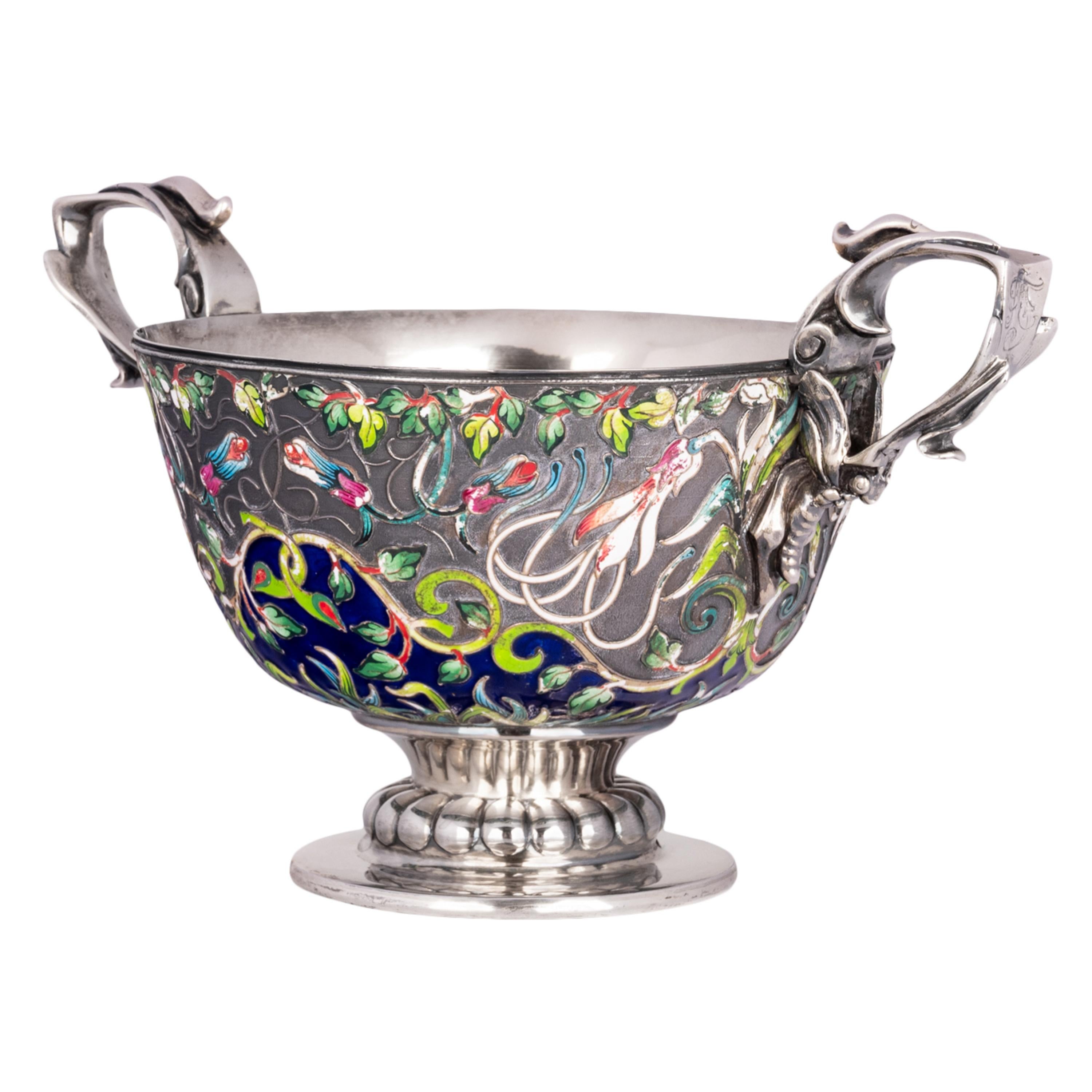 Late 19th Century Large Antique Russian Imperial Silver Cloisonne Bowl Pavel Ovchinnikov Moscow  For Sale