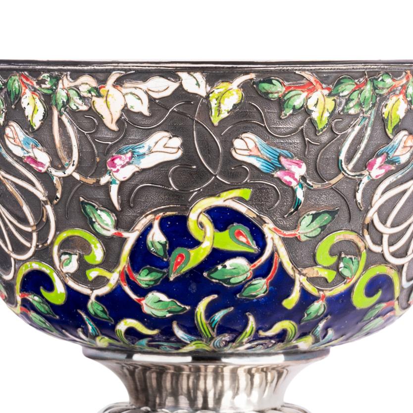 Enamel Large Antique Russian Imperial Silver Cloisonne Bowl Pavel Ovchinnikov Moscow  For Sale
