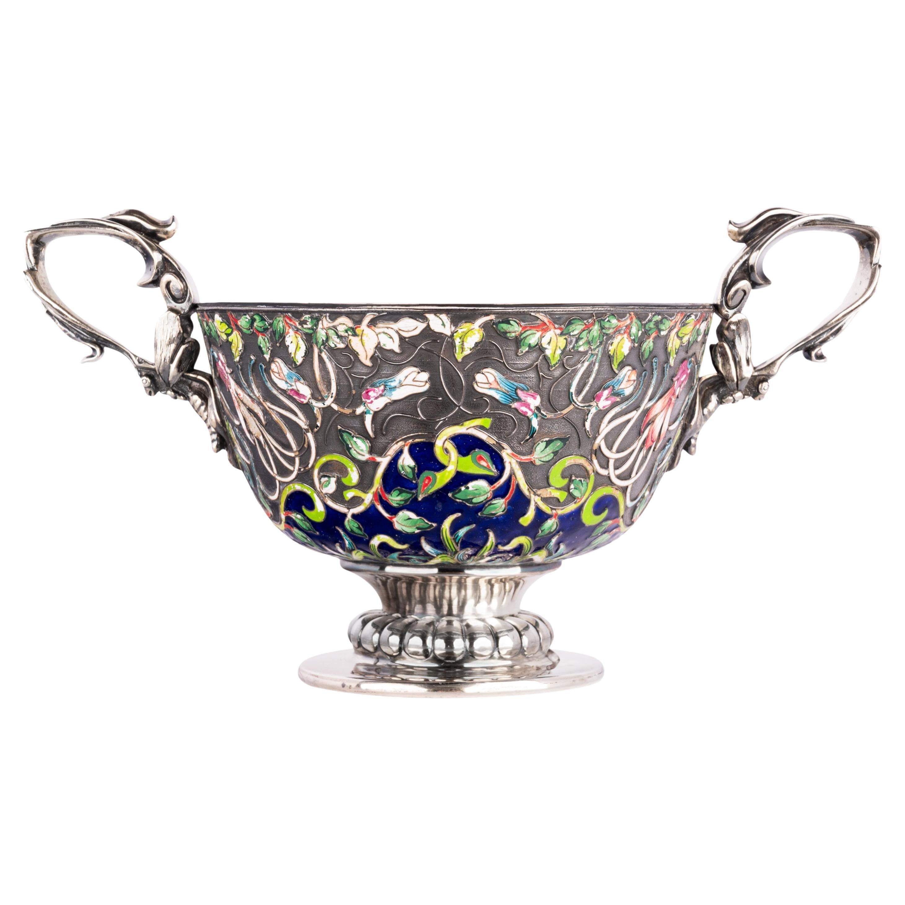 Large Antique Russian Imperial Silver Cloisonne Bowl Pavel Ovchinnikov Moscow  For Sale