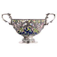 Gran cuenco imperial ruso antiguo de plata con cloisonné Ovchinnikov Faberge Moscú