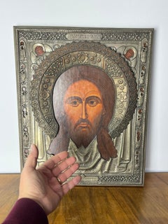 Grande icona antica russa in argento "Cristo Acheropita Volto Santo Mandylion", anni '60