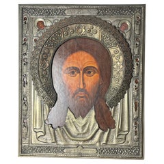 Grand mandylion russe ancien en argent iconique « Christ Acheropita Holy Face », années 1960