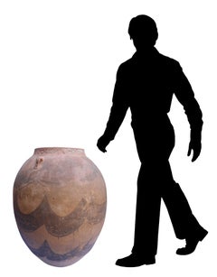 Large Antique Rustic Spanish Terracotta Water Jar with Hand-Painted Wave Pattern