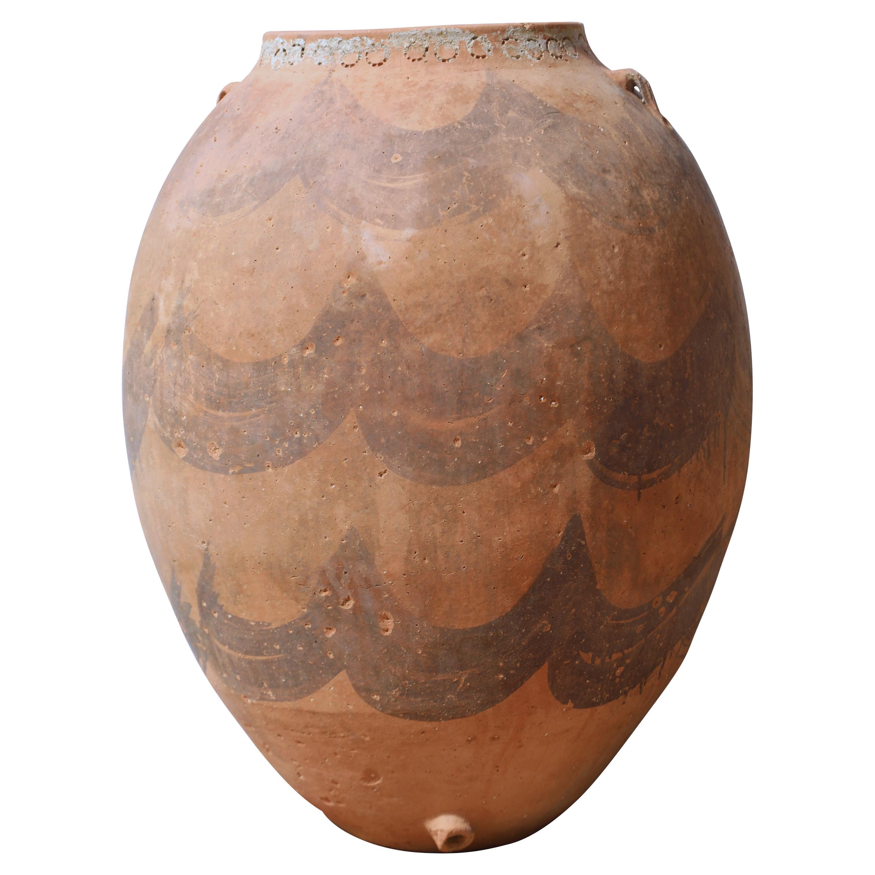 19th C. Rustic Spanish Terracotta Water Jar / Urn with Hand-Painted Wave Pattern For Sale