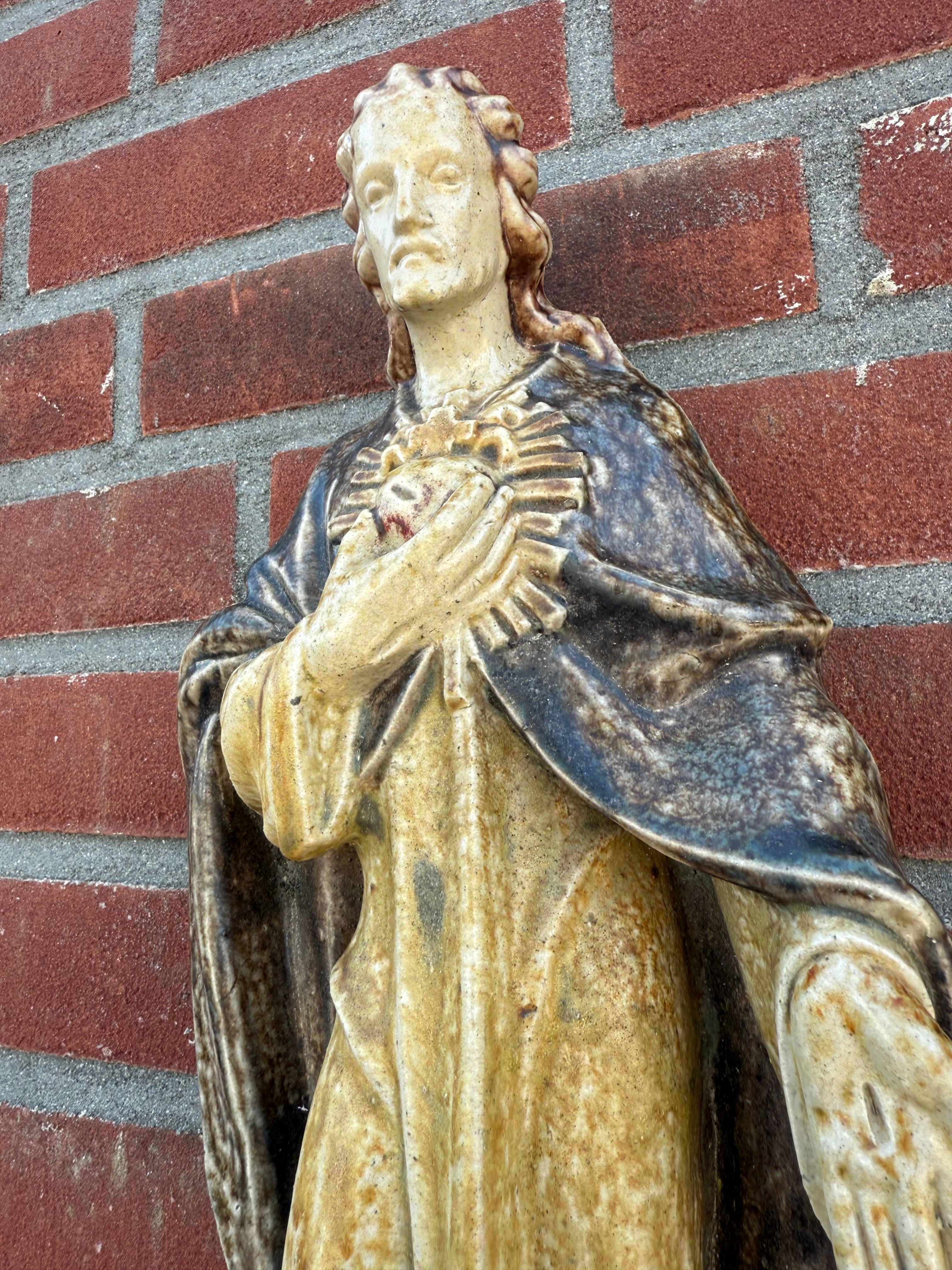 Large Antique Sacred Heart of Jesus Earthenware Wall Sculpture, Glazed Stoneware For Sale 4