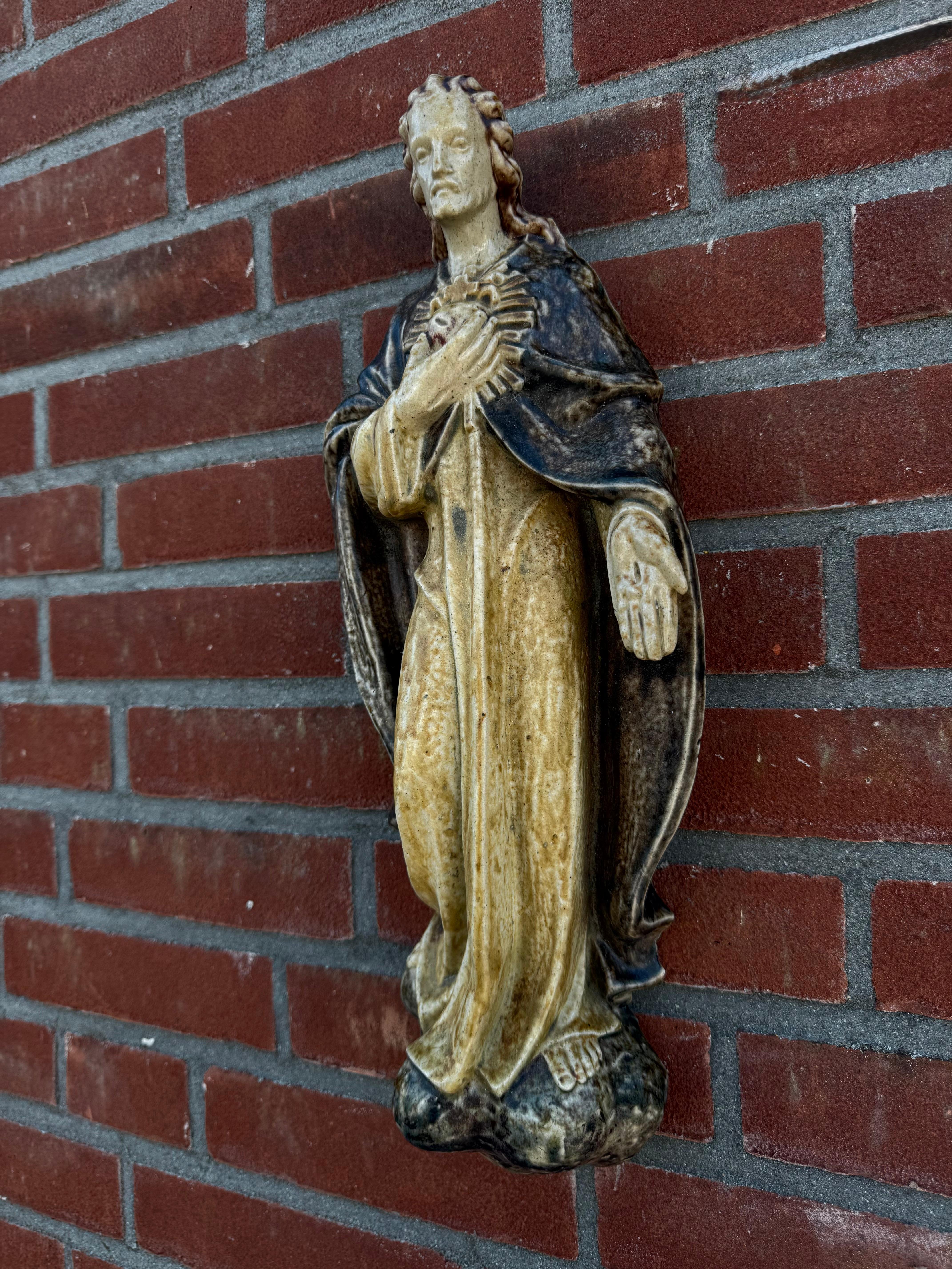 Large Antique Sacred Heart of Jesus Earthenware Wall Sculpture, Glazed Stoneware For Sale 5