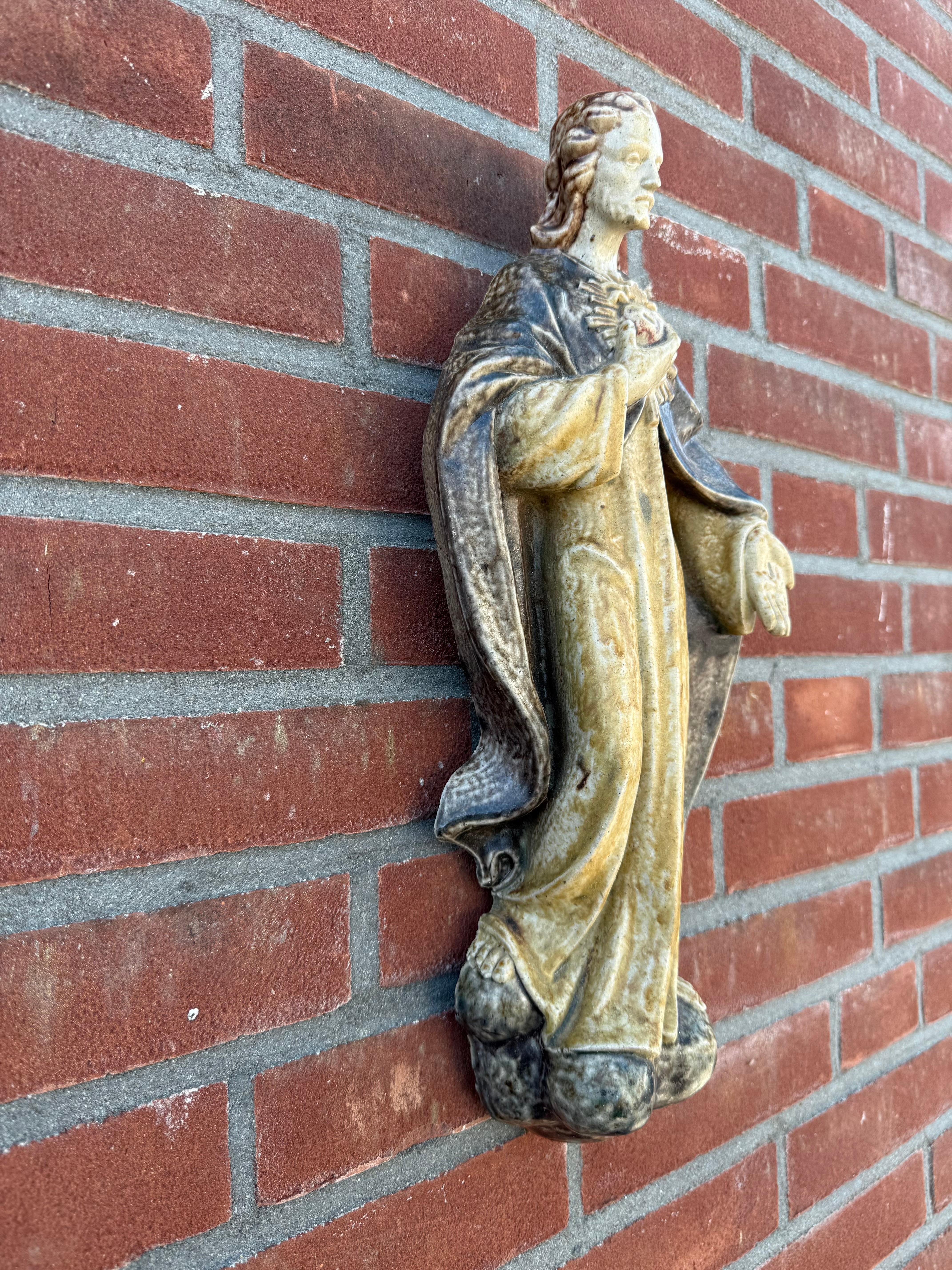 Large Antique Sacred Heart of Jesus Earthenware Wall Sculpture, Glazed Stoneware For Sale 6