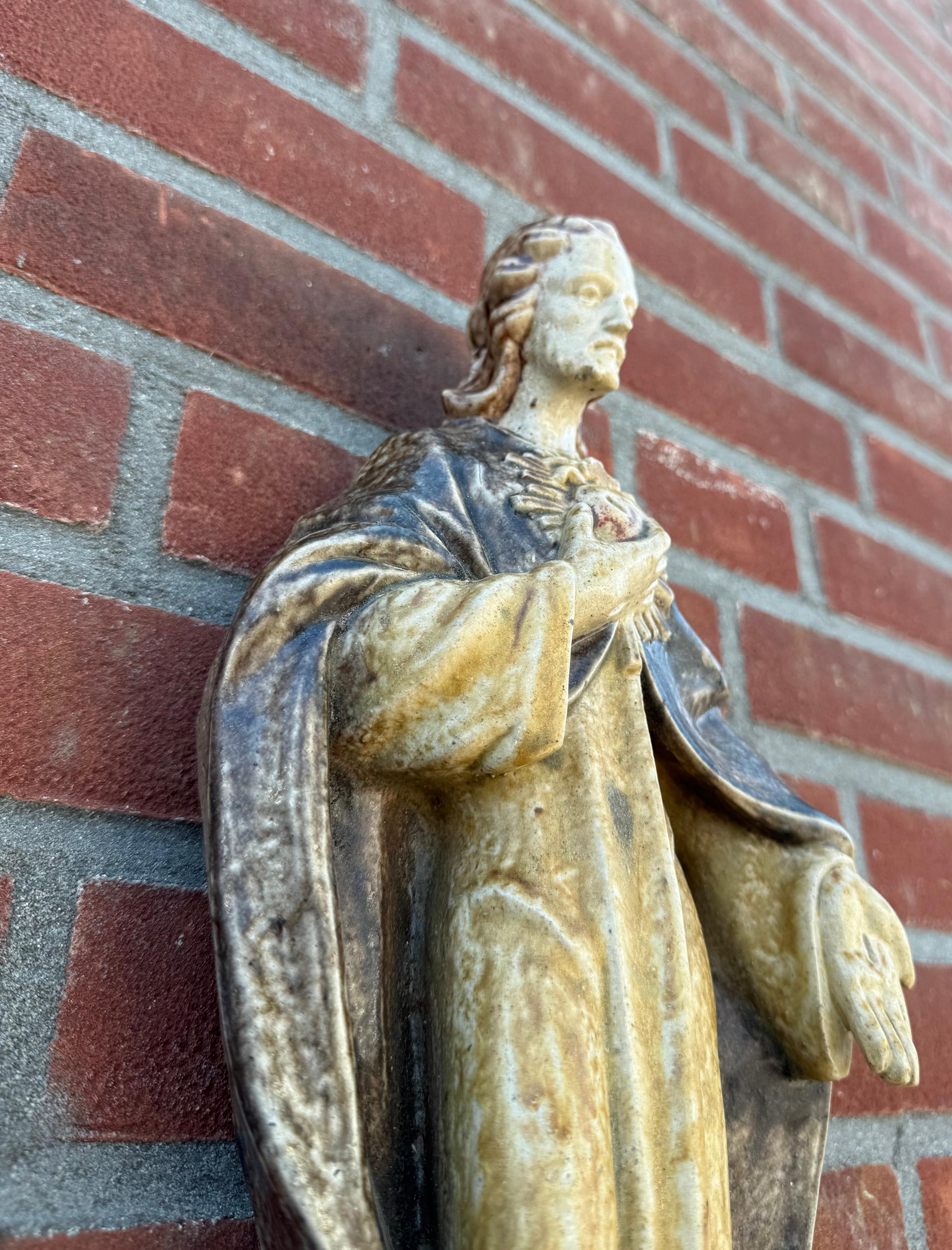 Large Antique Sacred Heart of Jesus Earthenware Wall Sculpture, Glazed Stoneware For Sale 9