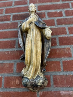 Large Antique Sacred Heart of Jesus Earthenware Wall Sculpture, Glazed Stoneware