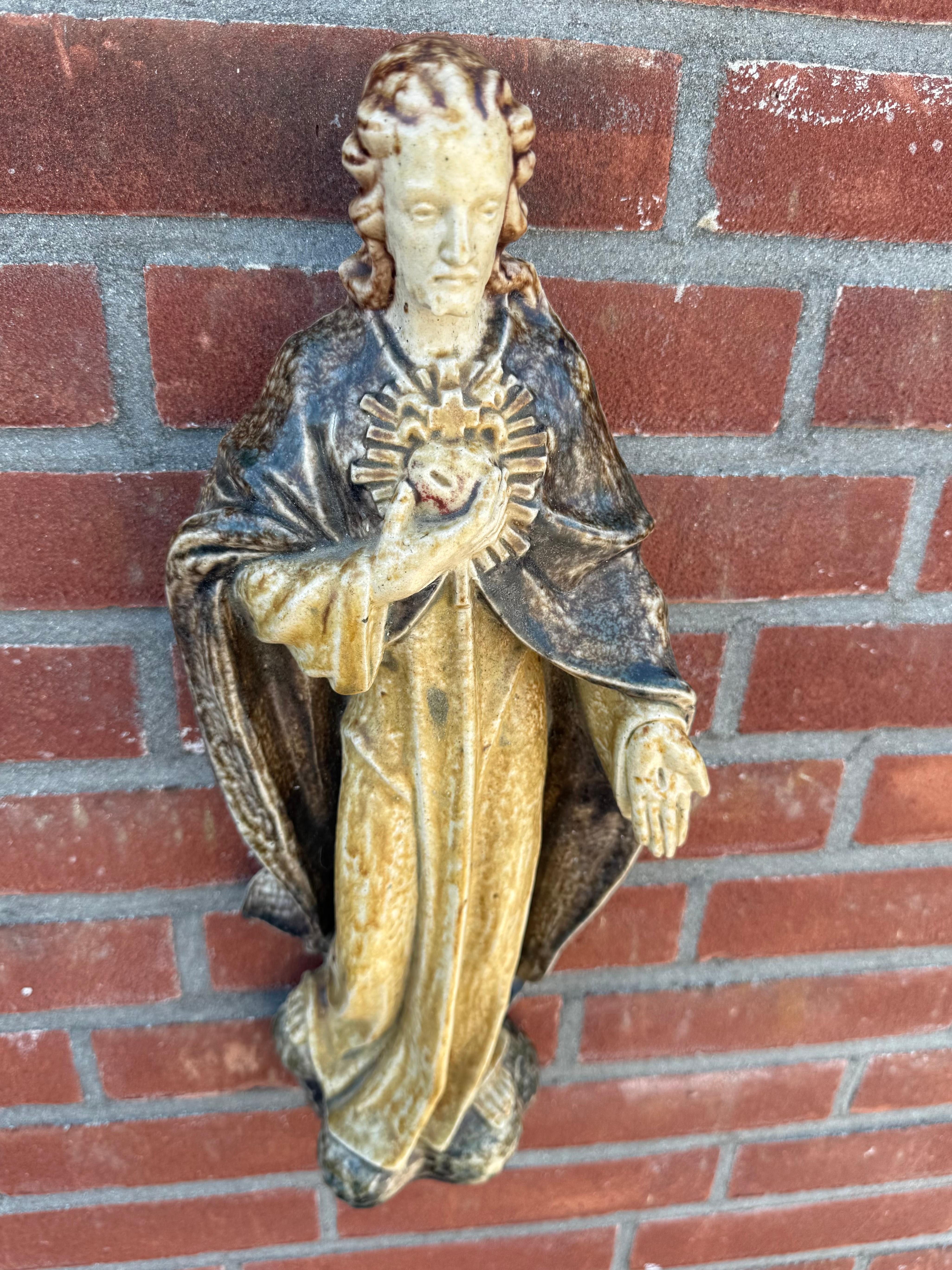 Gothic Large Antique Sacred Heart of Jesus Earthenware Wall Sculpture, Glazed Stoneware For Sale