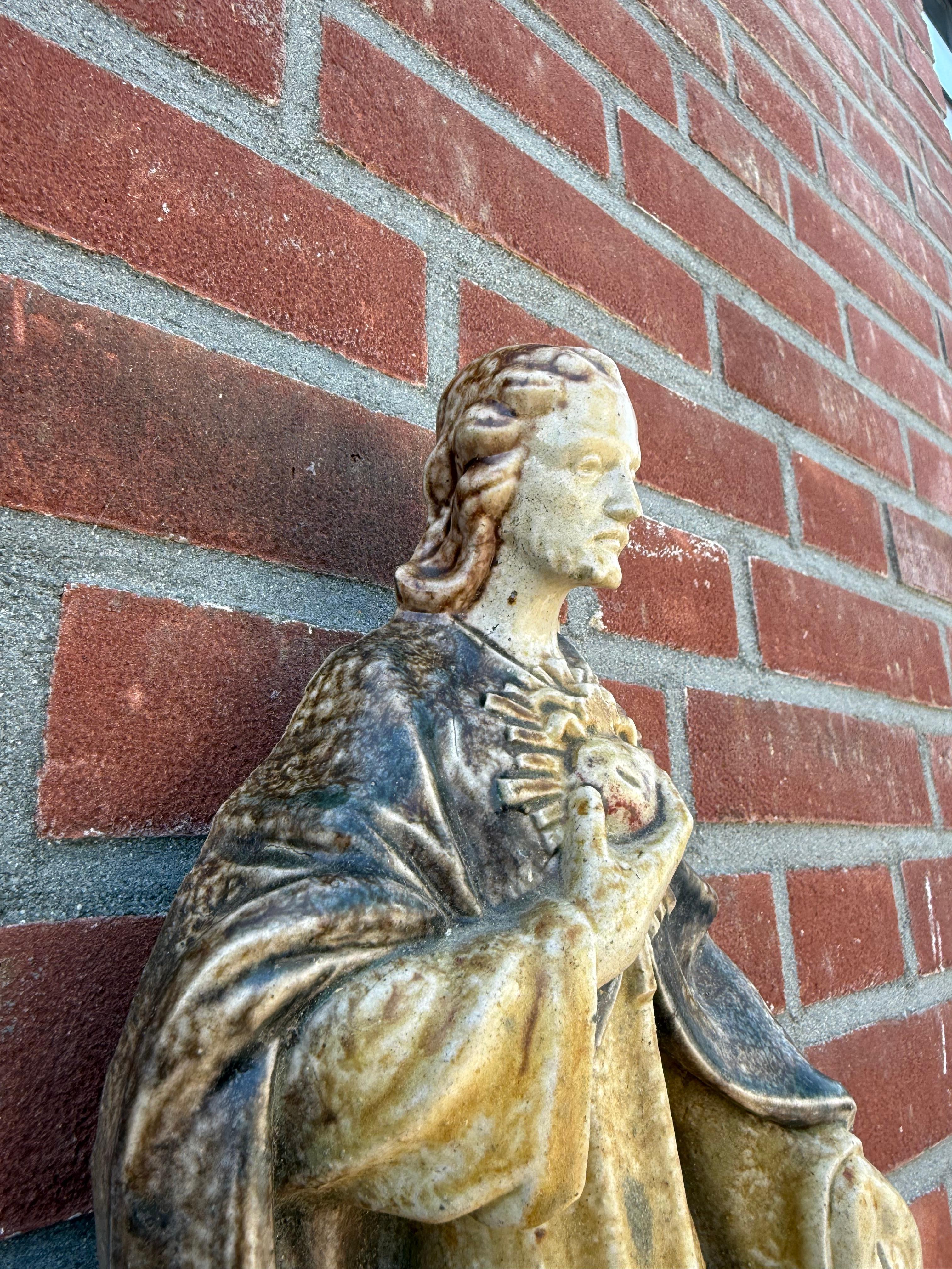 Dutch Large Antique Sacred Heart of Jesus Earthenware Wall Sculpture, Glazed Stoneware For Sale
