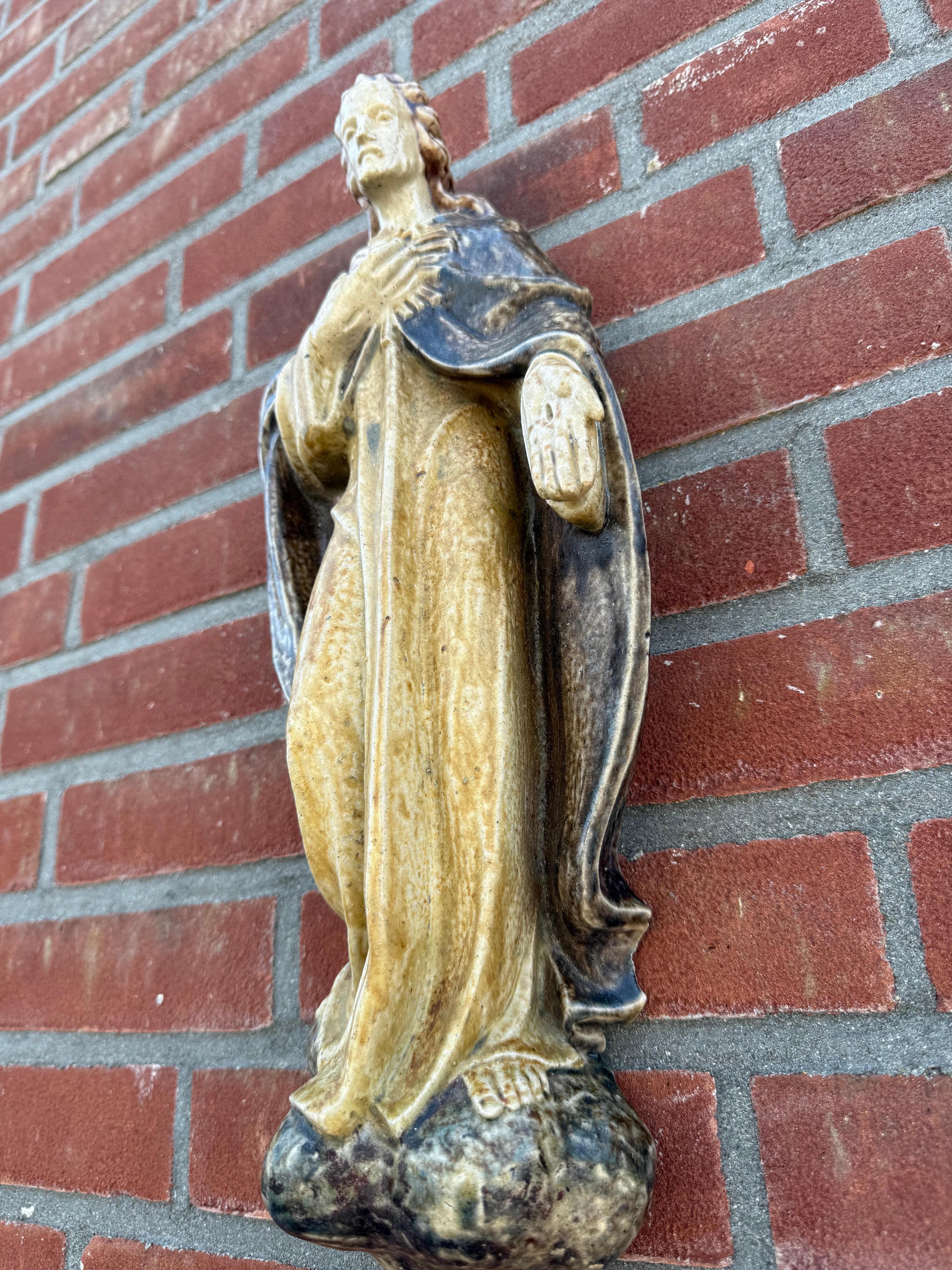 20th Century Large Antique Sacred Heart of Jesus Earthenware Wall Sculpture, Glazed Stoneware For Sale
