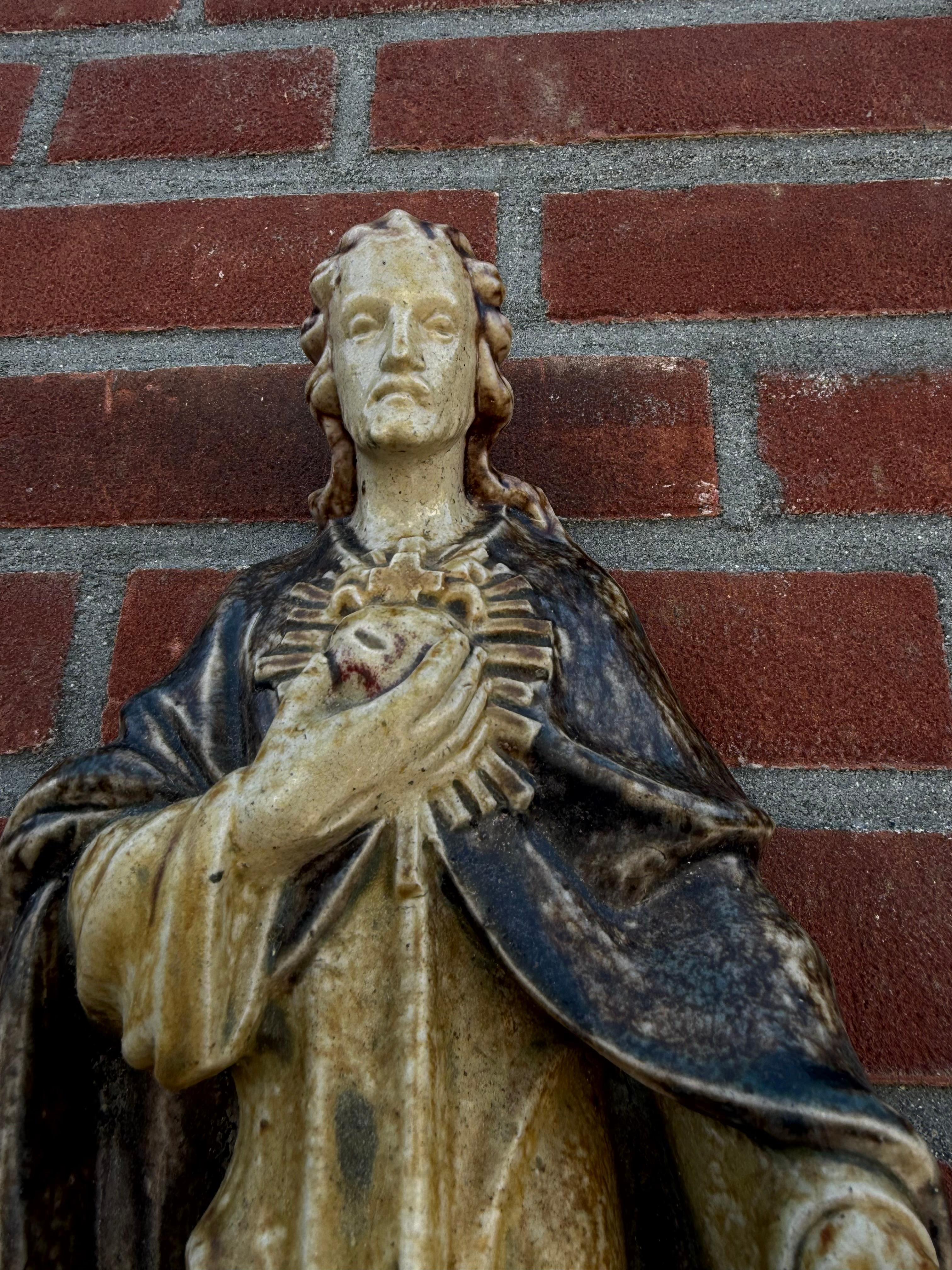 Large Antique Sacred Heart of Jesus Earthenware Wall Sculpture, Glazed Stoneware For Sale 1
