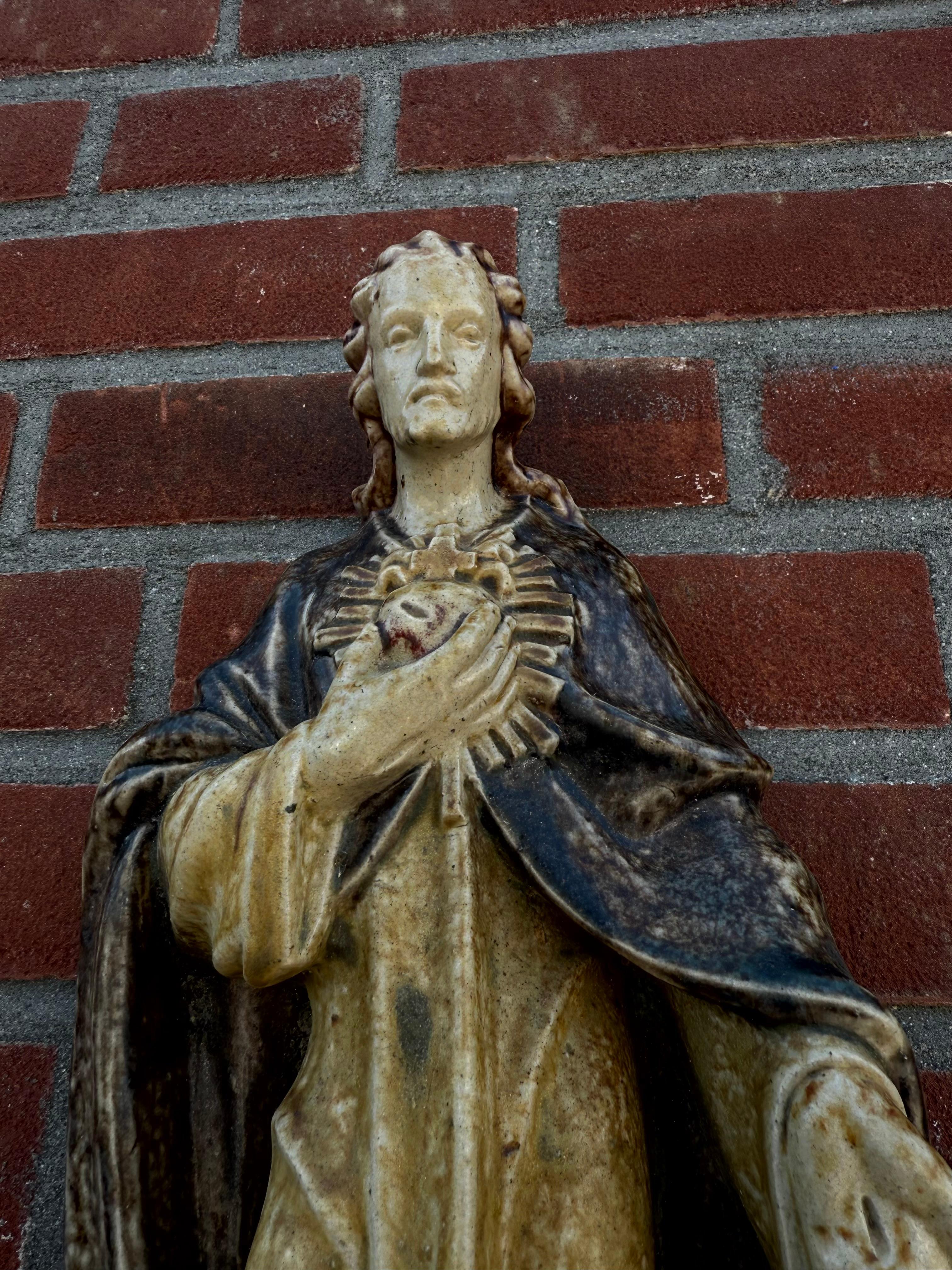 Large Antique Sacred Heart of Jesus Earthenware Wall Sculpture, Glazed Stoneware For Sale 2