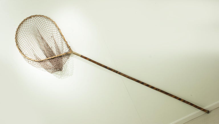 Large Antique Salmon Fishing Net, Landing Net, Bamboo Handle at 1stDibs   antique fishing net, vintage fishing net, large fishing net with handle