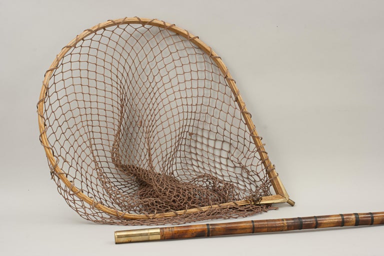 Large Antique Salmon Fishing Net, Landing Net, Bamboo Handle at