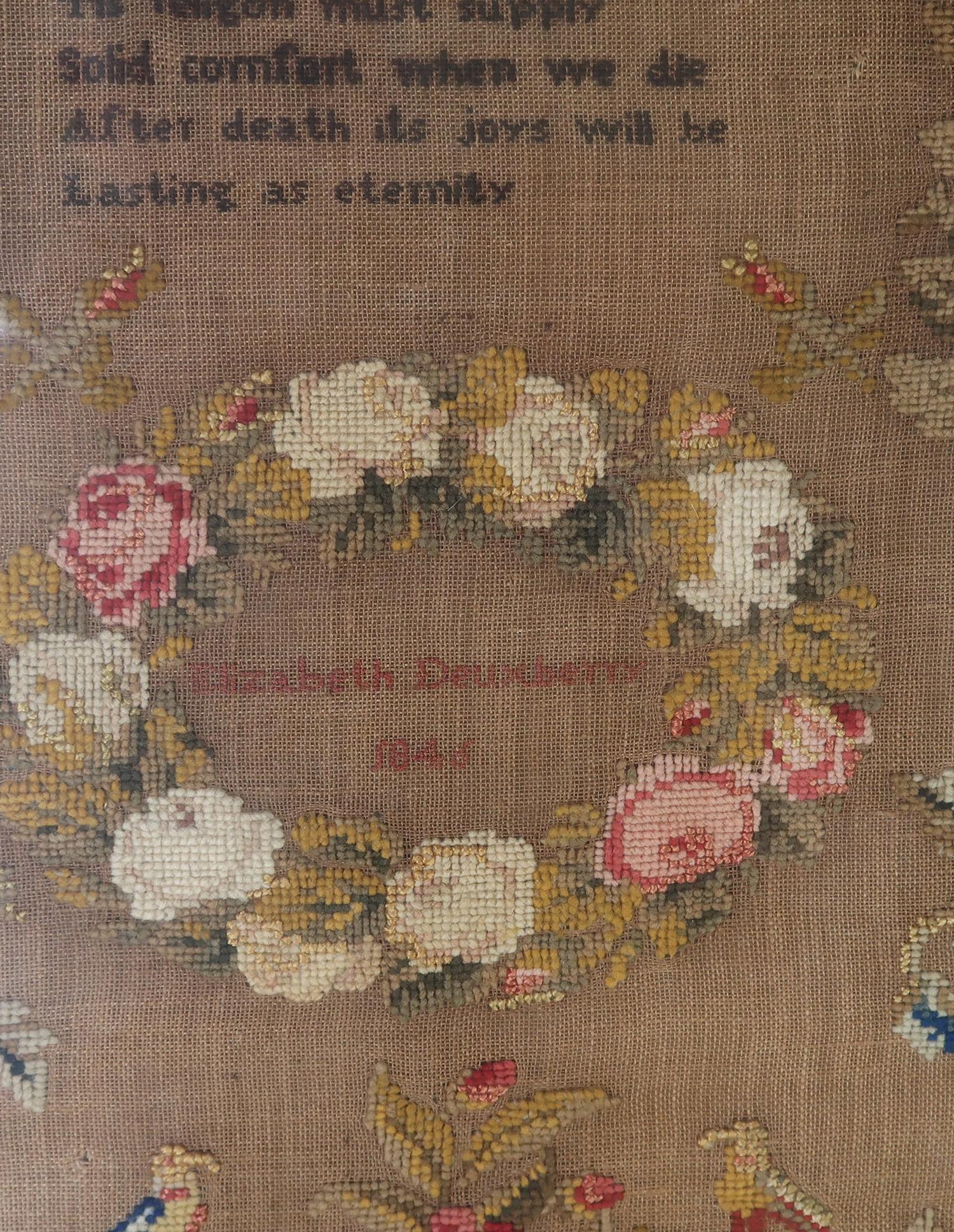 Embroidered Large Antique Sampler by Elizabeth Deuxberry, Dated 1846. For Sale
