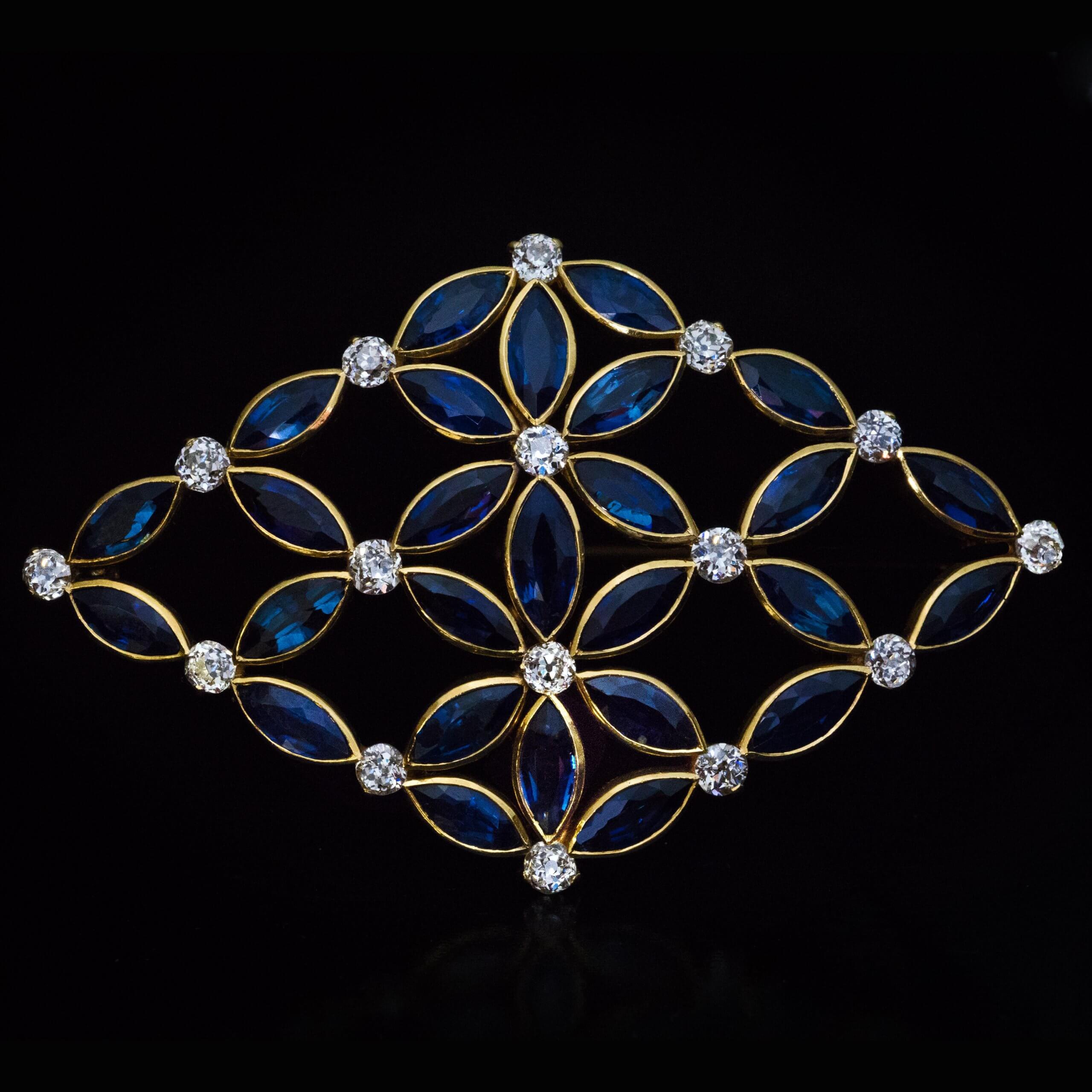 Marquise Cut Large Antique Sapphire Diamond Gold Brooch For Sale