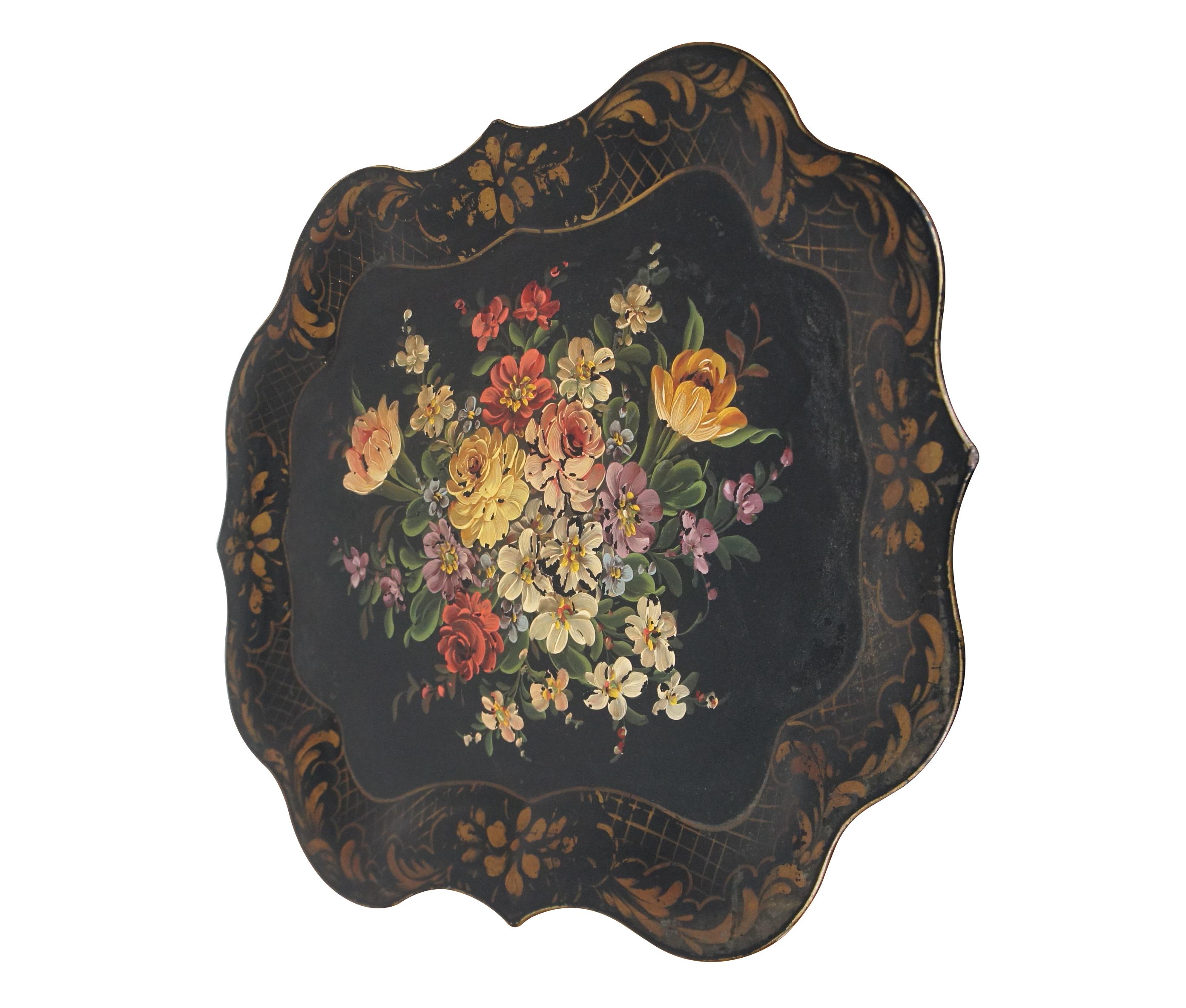Folk Art Large Antique Scalloped Floral Botanical Toleware Serving Tray Platter 25