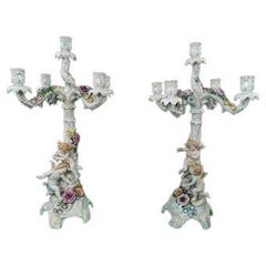 Large Antique Schierholz Figural Floral Five Arm Candelabras