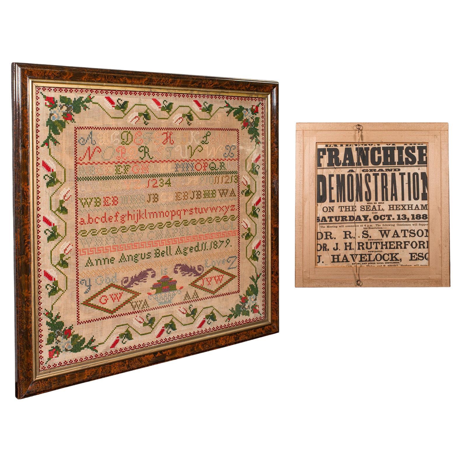 Grand échantillon d'école ancien, anglais, point d'aiguille, affiche politique victorienne