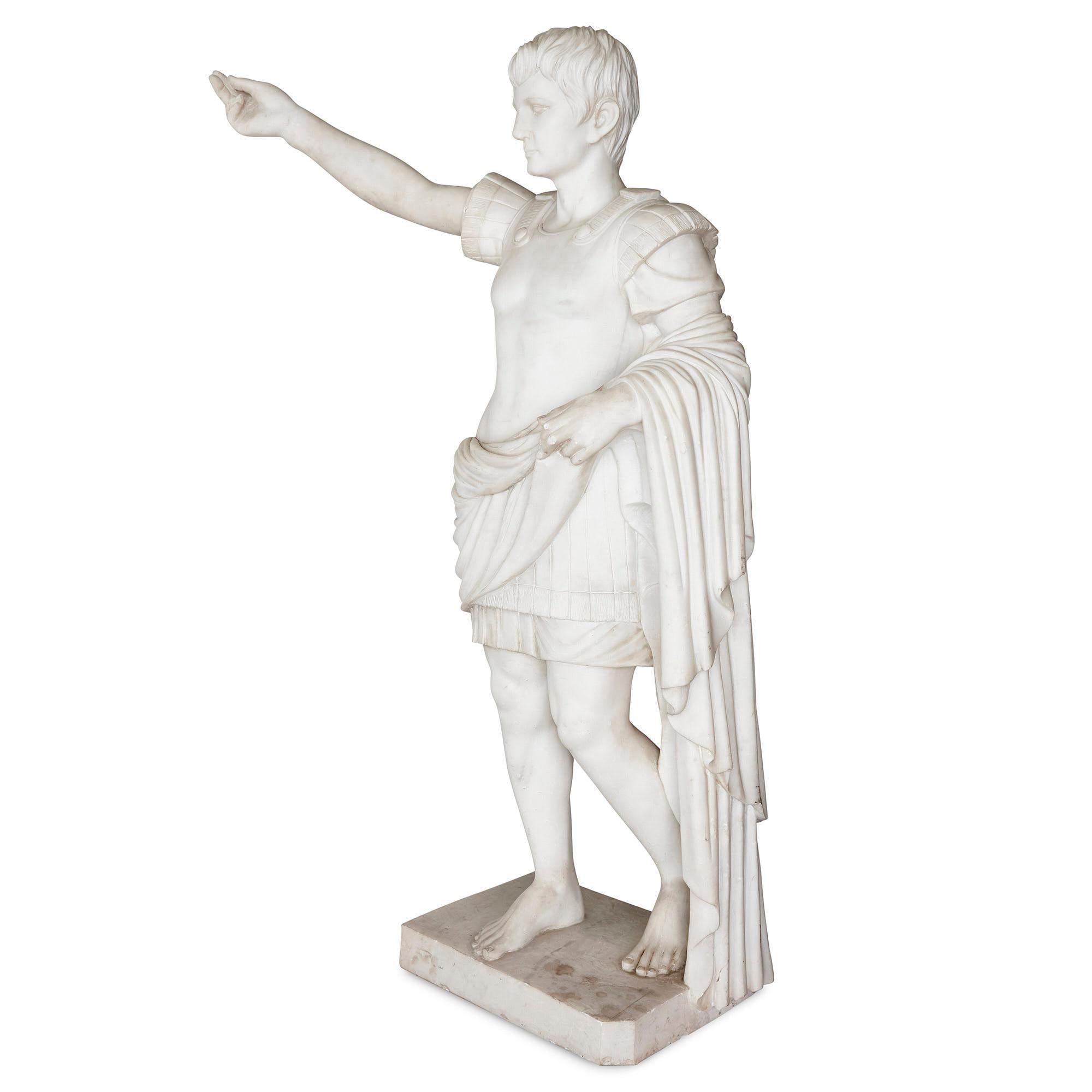 Large antique sculpted marble figure of Caesar Augustus
Italian, early 20th century
Measures: Height 186cm, width 118cm, depth 44cm

Known as the ‘Augustus of Prima Porta,’ the original bronze version of this sculpture was created circa 20 BCE.