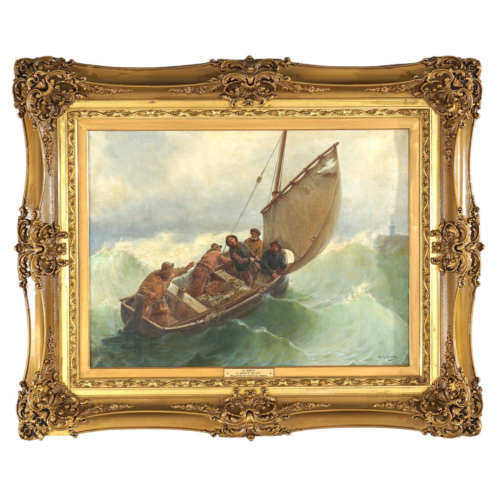 Large Antique Seascape Painting, La Tempete, Signed G. Haquette '1812- 1877'