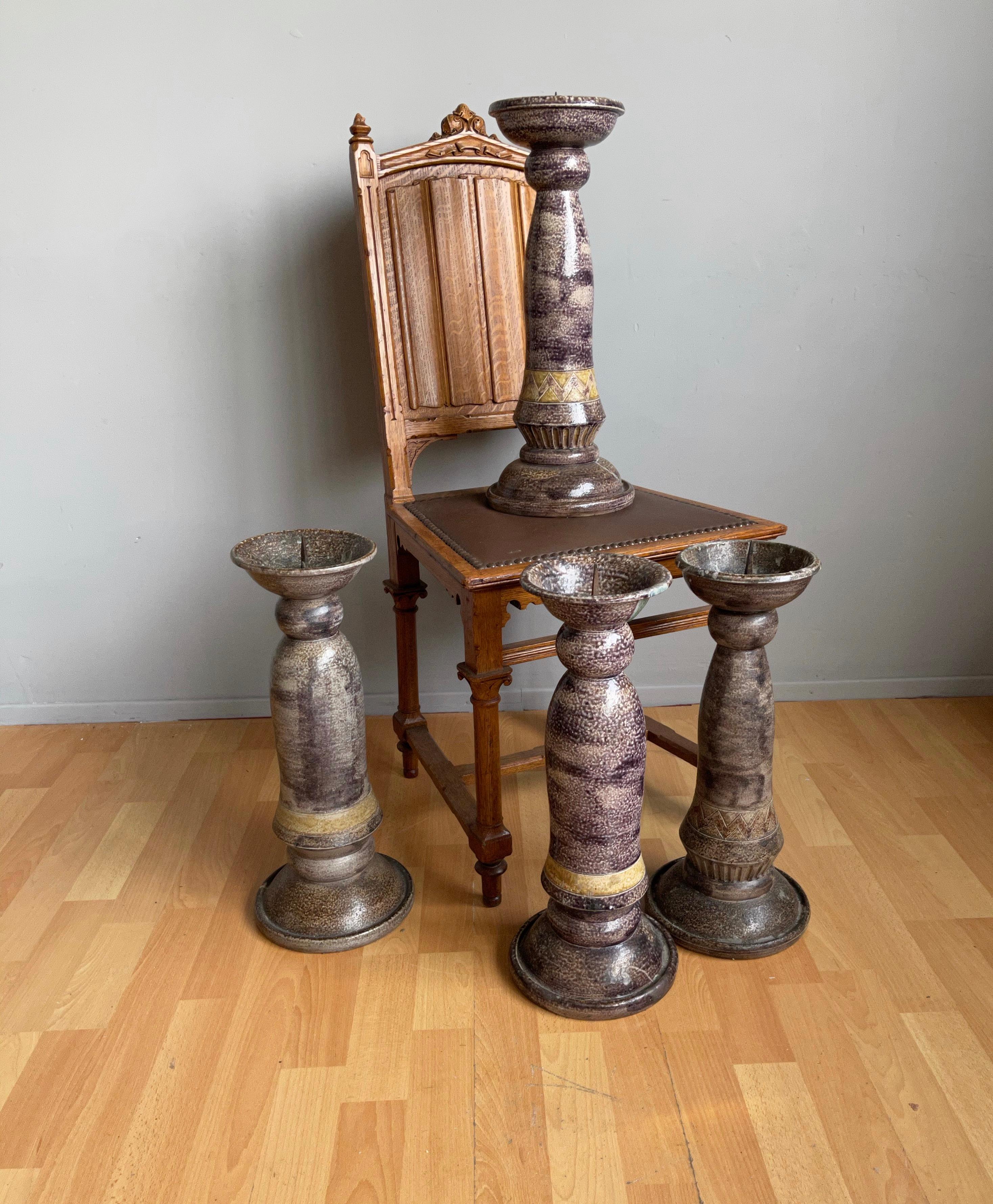 Large Antique Set of Four Handcrafted Glazed Ceramic Church Altar Candlesticks For Sale 2