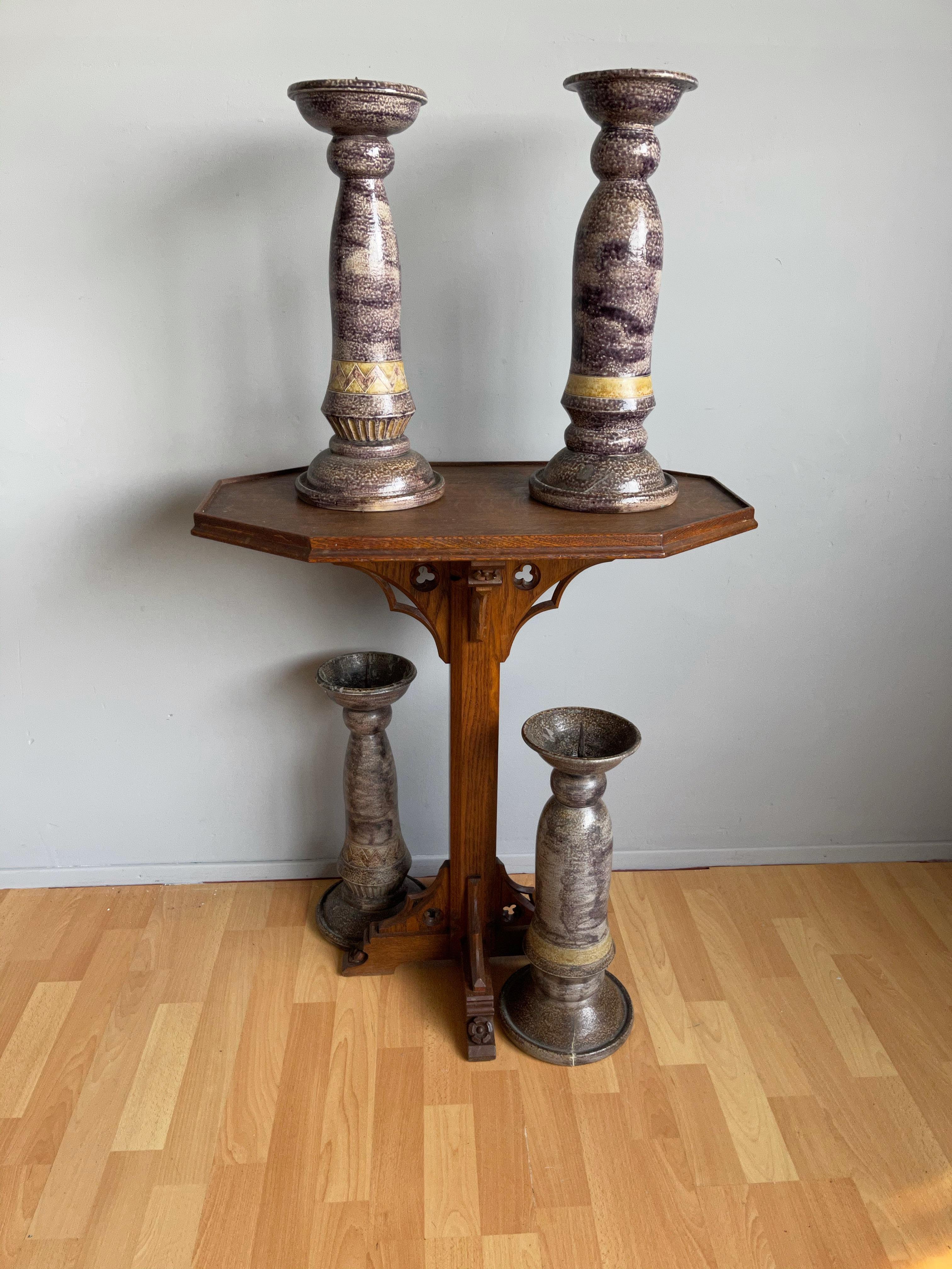 Large Antique Set of Four Handcrafted Glazed Ceramic Church Altar Candlesticks For Sale 4