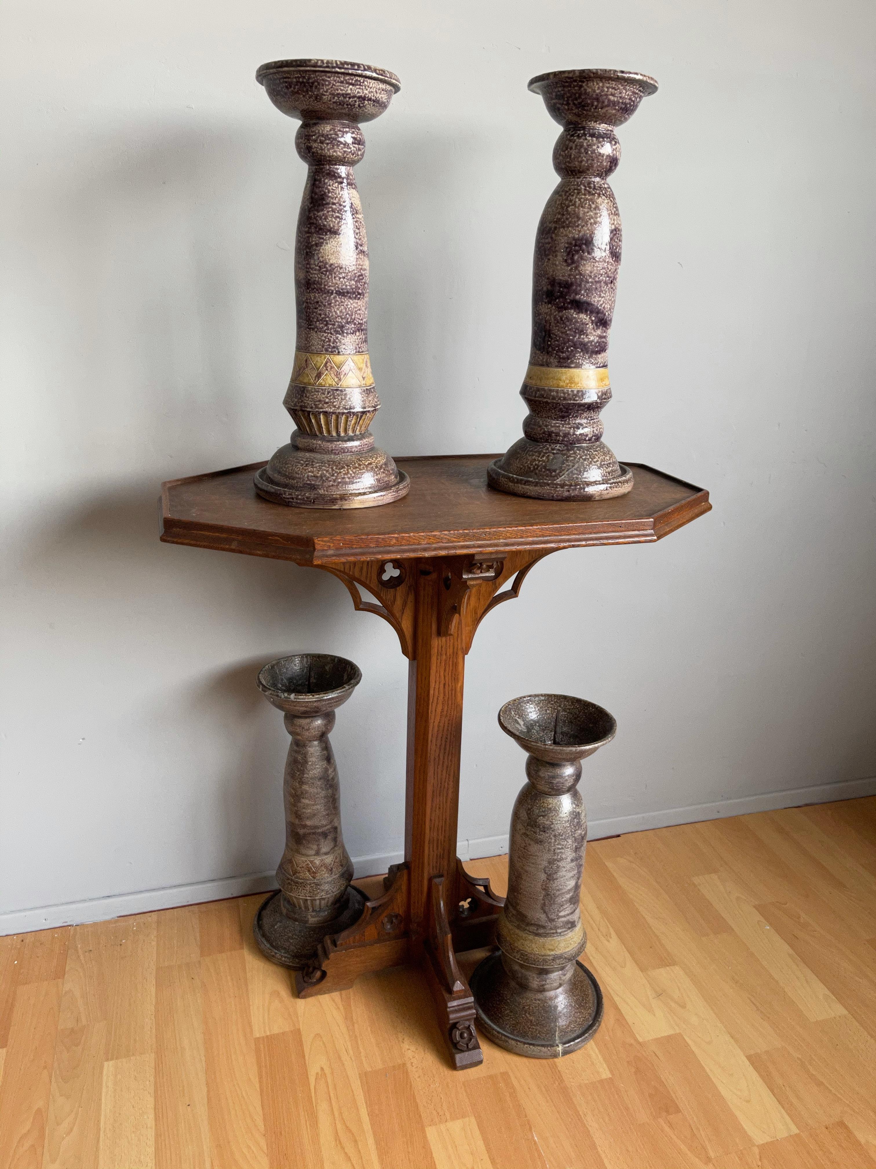 Large Antique Set of Four Handcrafted Glazed Ceramic Church Altar Candlesticks For Sale 5