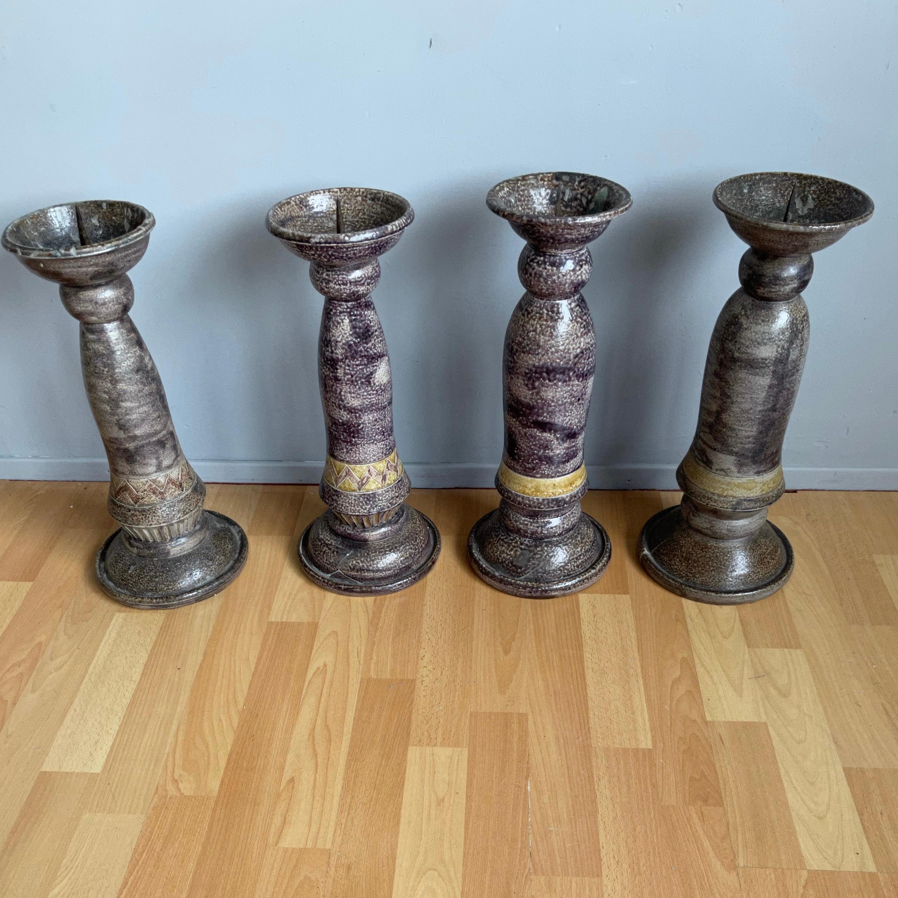 Large Antique Set of Four Handcrafted Glazed Ceramic Church Altar Candlesticks For Sale 7