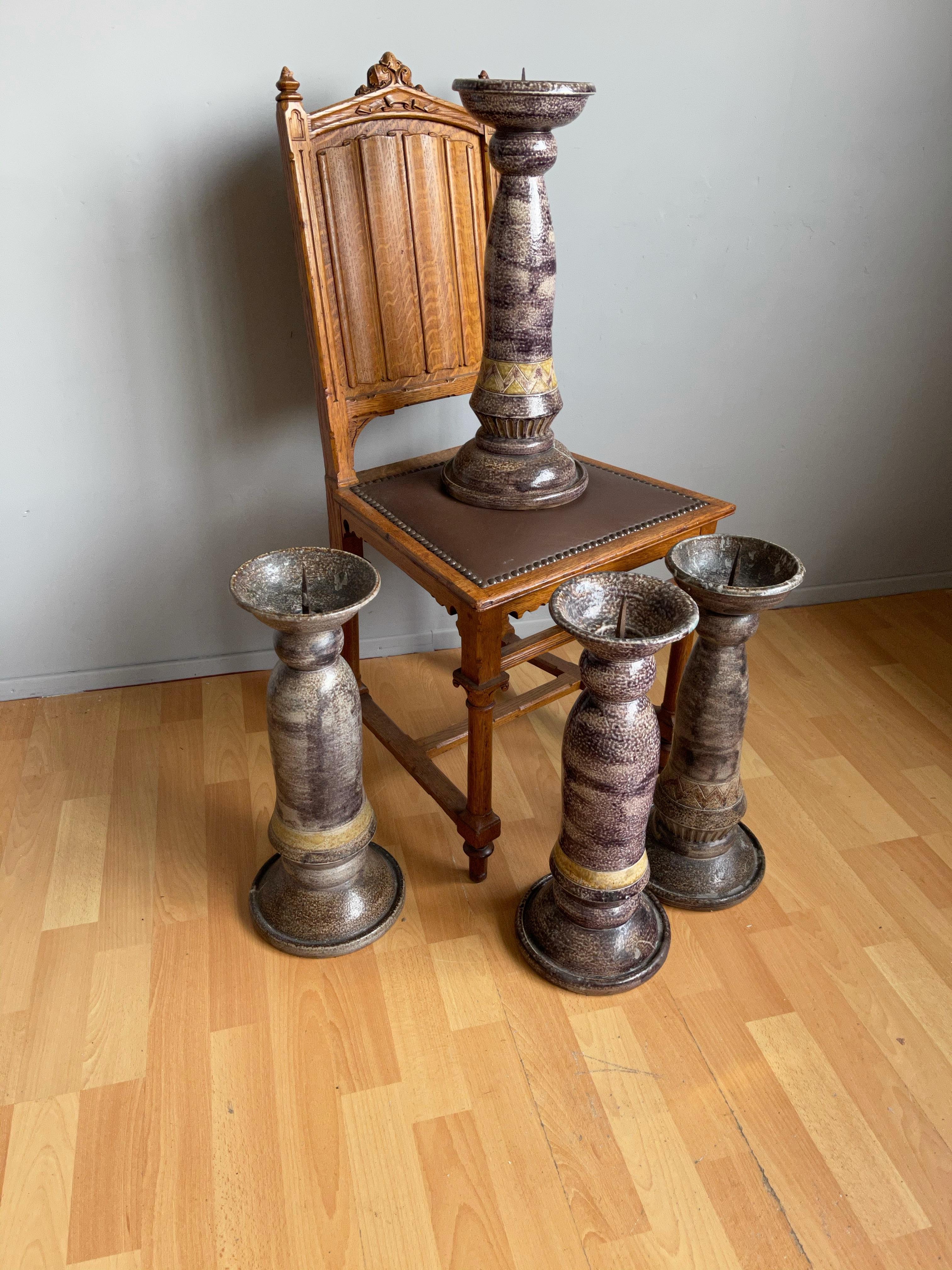 Large Antique Set of Four Handcrafted Glazed Ceramic Church Altar Candlesticks For Sale 10