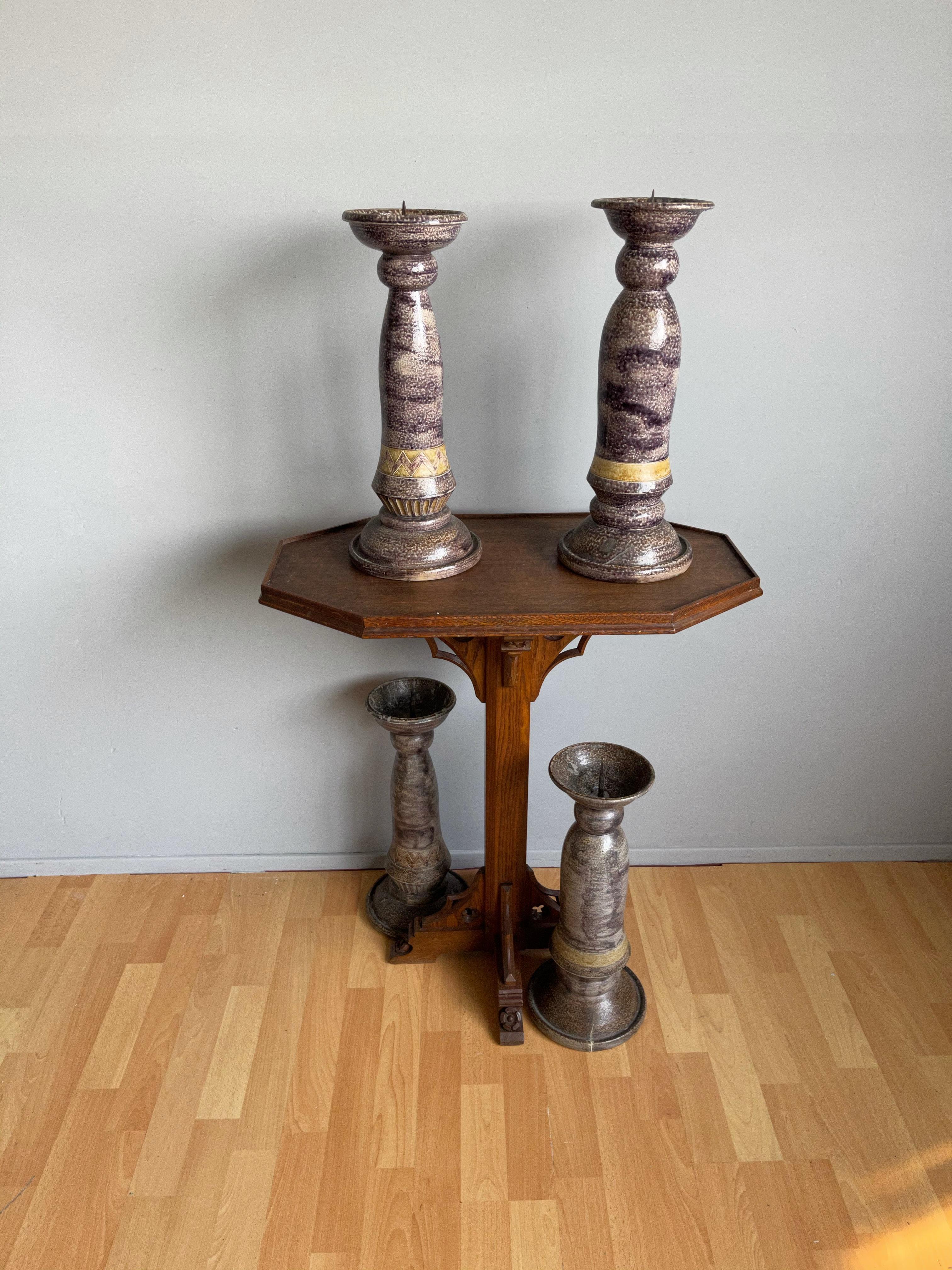Large Antique Set of Four Handcrafted Glazed Ceramic Church Altar Candlesticks For Sale 11