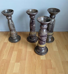 Large Antique Set of Four Handcrafted Glazed Ceramic Church Altar Candlesticks