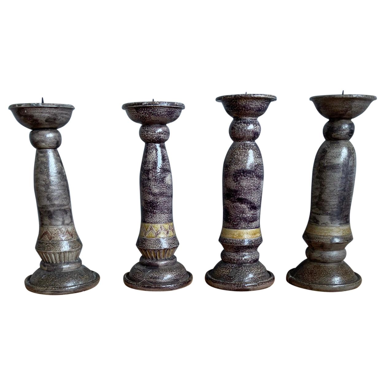 Large Antique Set of Four Handcrafted Glazed Ceramic Church Altar Candlesticks