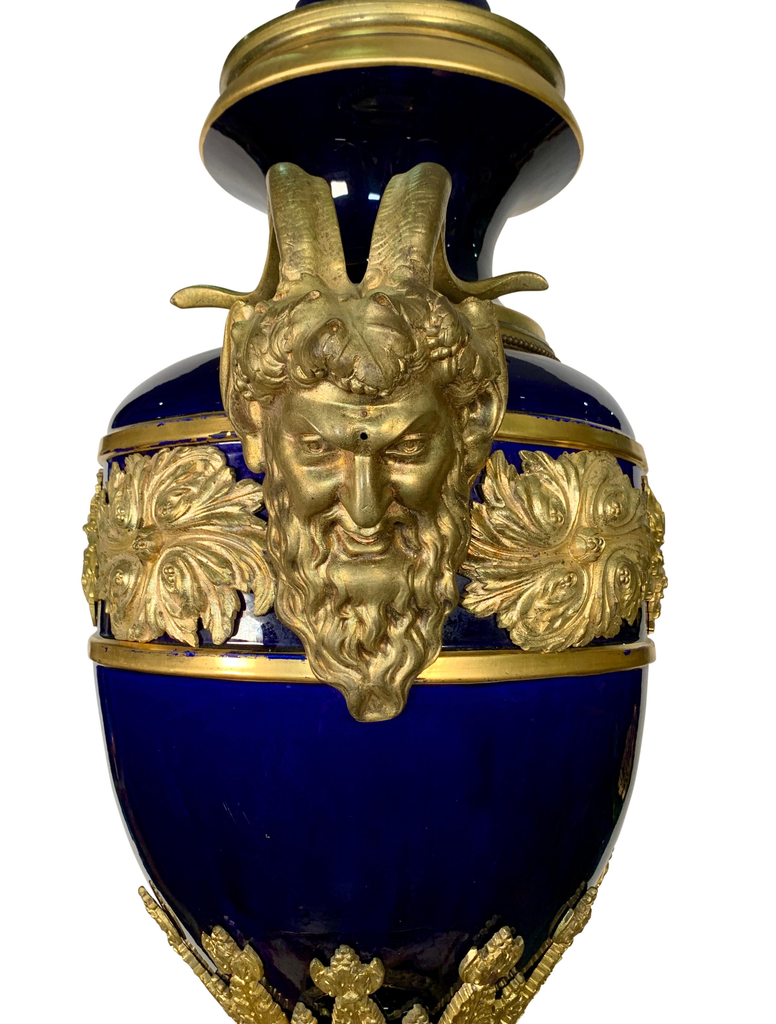 French Large Antique Sevres Cobalt-Blue Ormolu Mounted Covered Urn For Sale