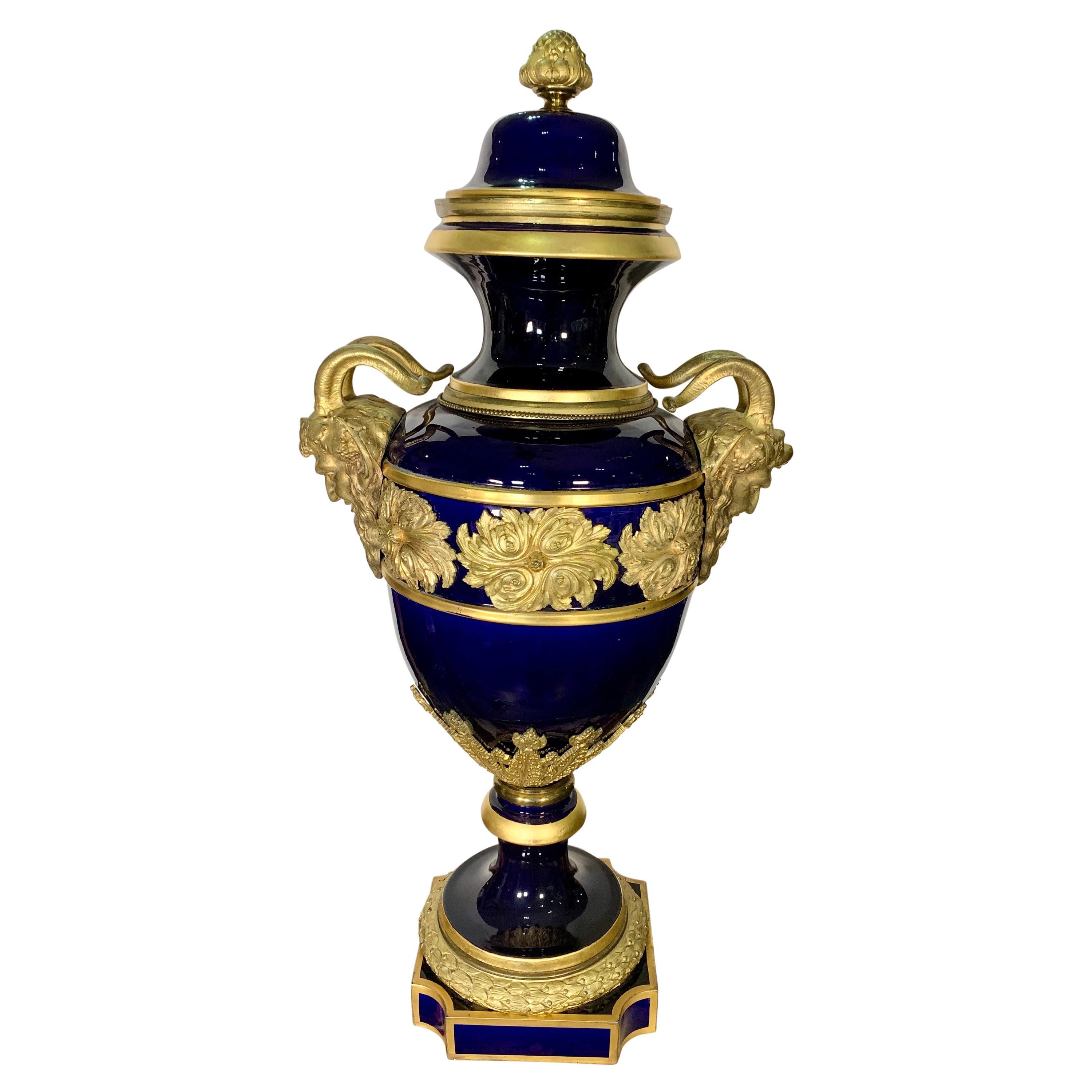 Large Antique Sevres Cobalt-Blue Ormolu Mounted Covered Urn For Sale