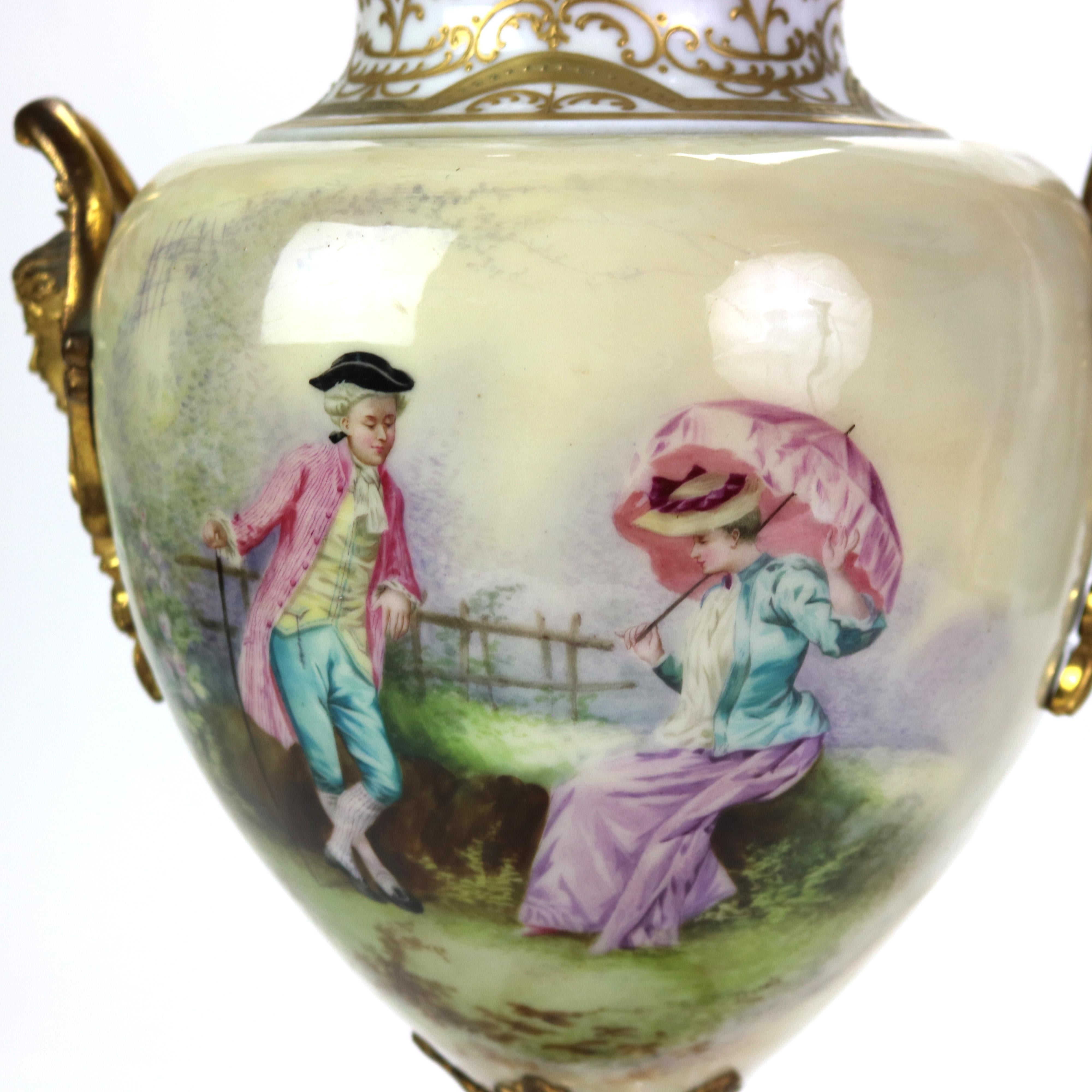 Antique Sevres Gilt & Ormolu Scenic & Covered Porcelain Urn, Signed, C1890.
19 3/4